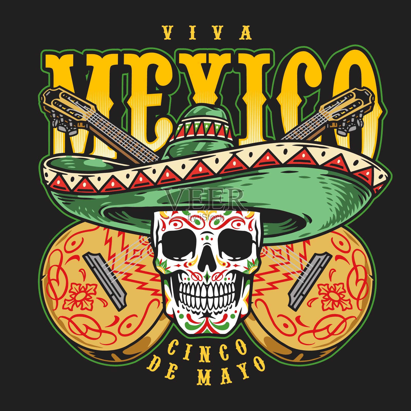 宽边帽标签上的骷髅头插画图片素材