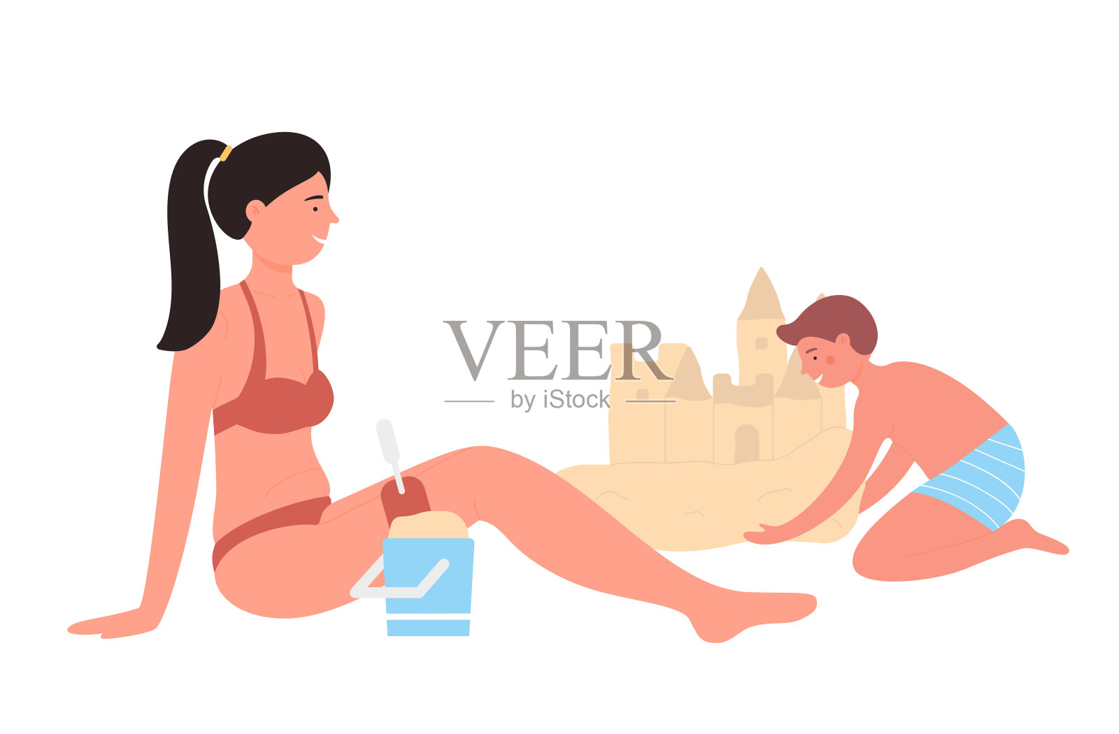 母亲和她的儿子在沙滩上建造沙堡插画图片素材