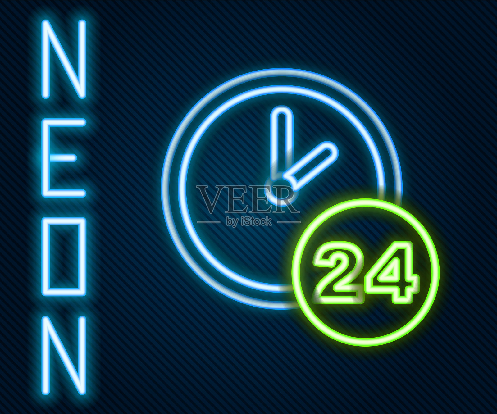 发光的霓虹灯线时钟24小时图标孤立上插画图片素材