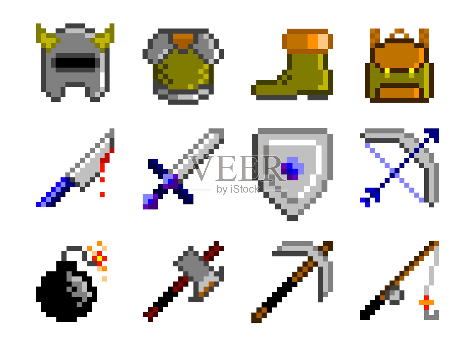 武器，盔甲和工具像素艺术集。游戏资产矢量插图，可编辑插画图片素材