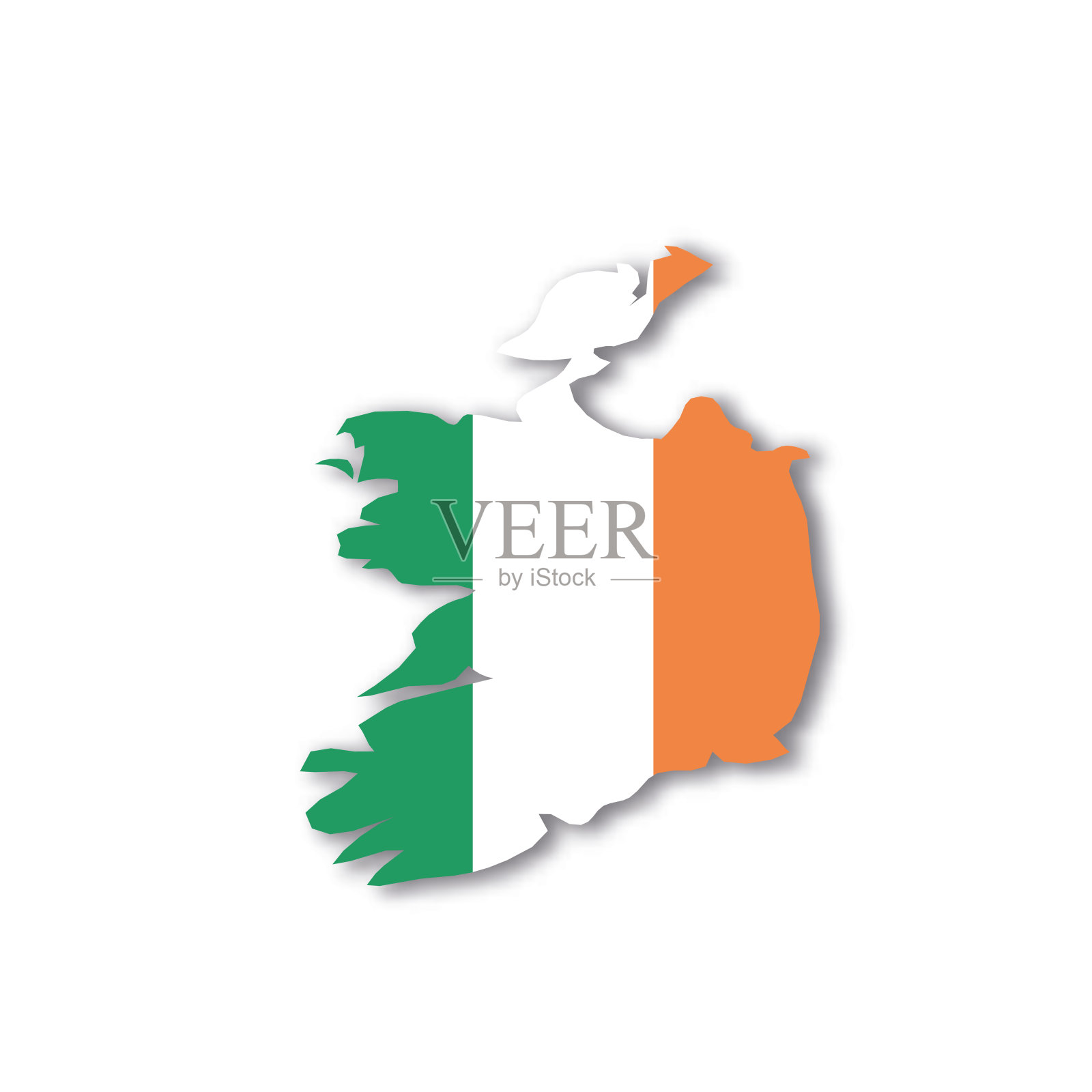 爱尔兰-白色的国家区域的3D剪影地图，在白色背景上投下阴影。简单的平面矢量插图插画图片素材