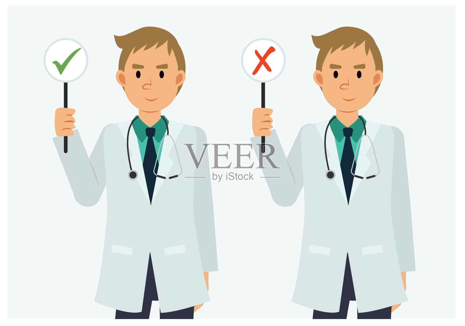 矢量平面风格的卡通男医生形象，带有对错标志。插画图片素材