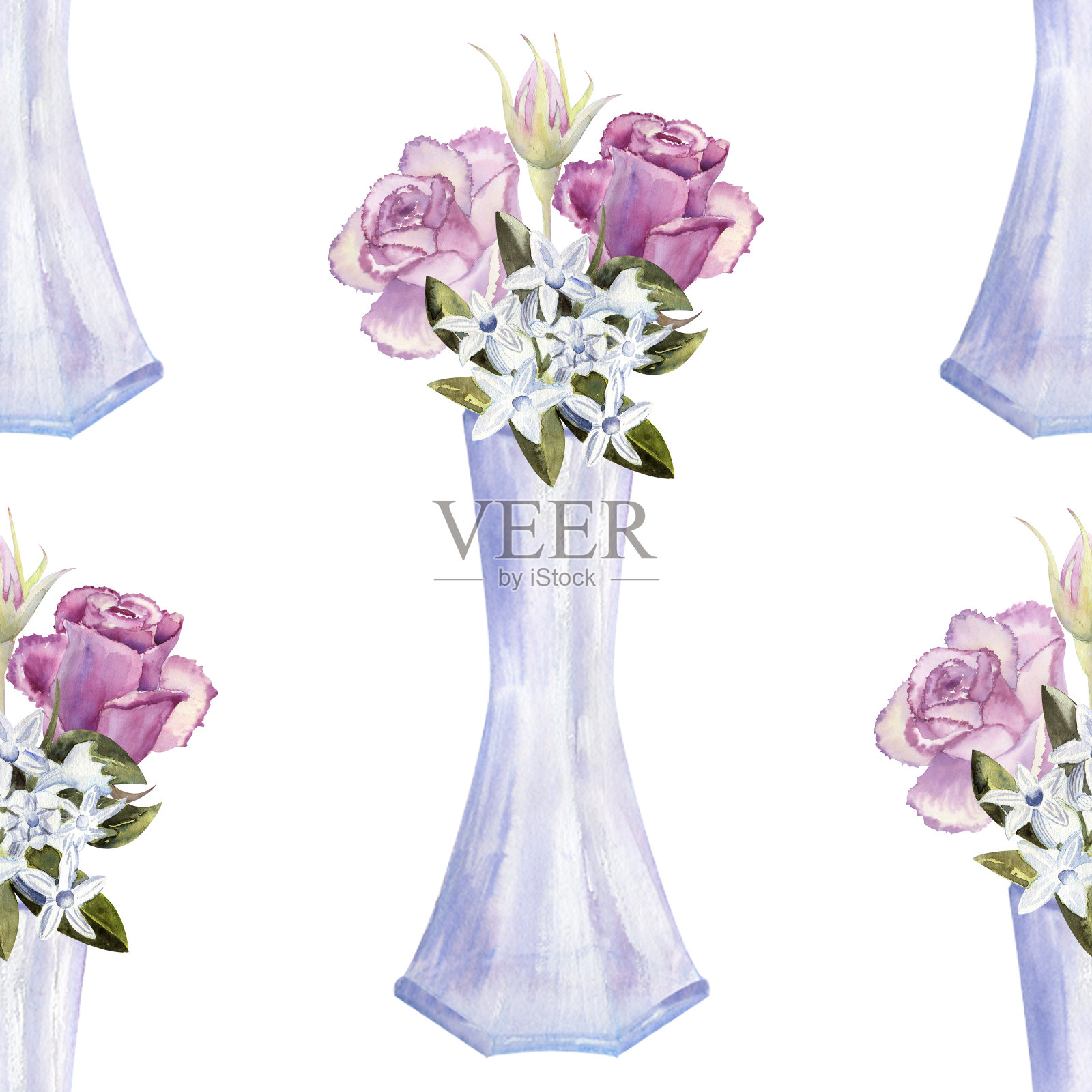 无缝模式紫色玫瑰和银莲花在一个白色孤立的背景。手绘水彩插图插画图片素材