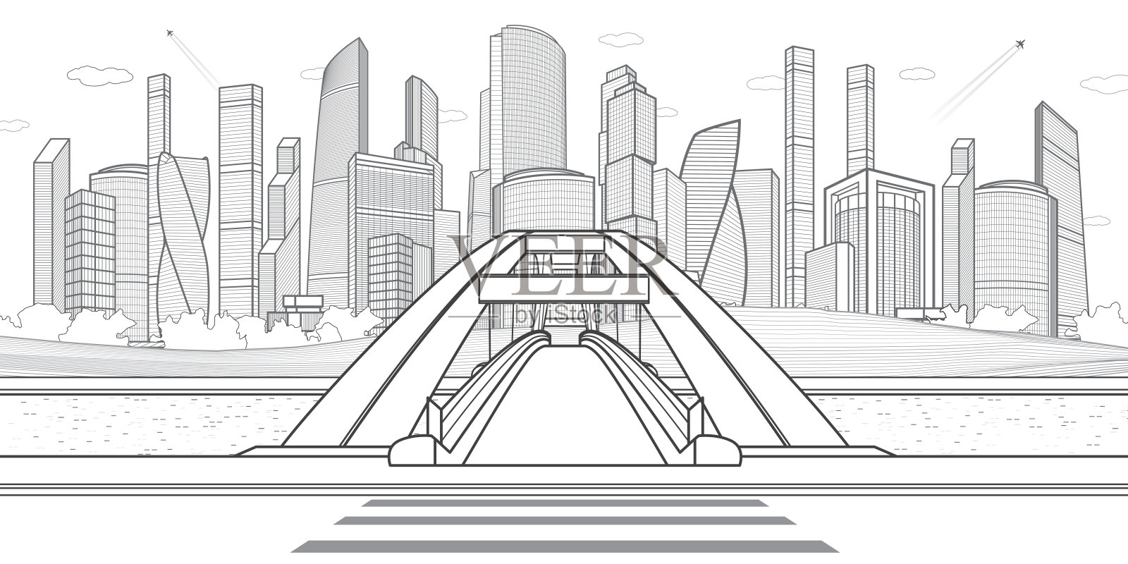 黑色勾勒出城市的轮廓。河上的人行天桥。现代商业城市为背景。基础设施。矢量设计艺术插画图片素材