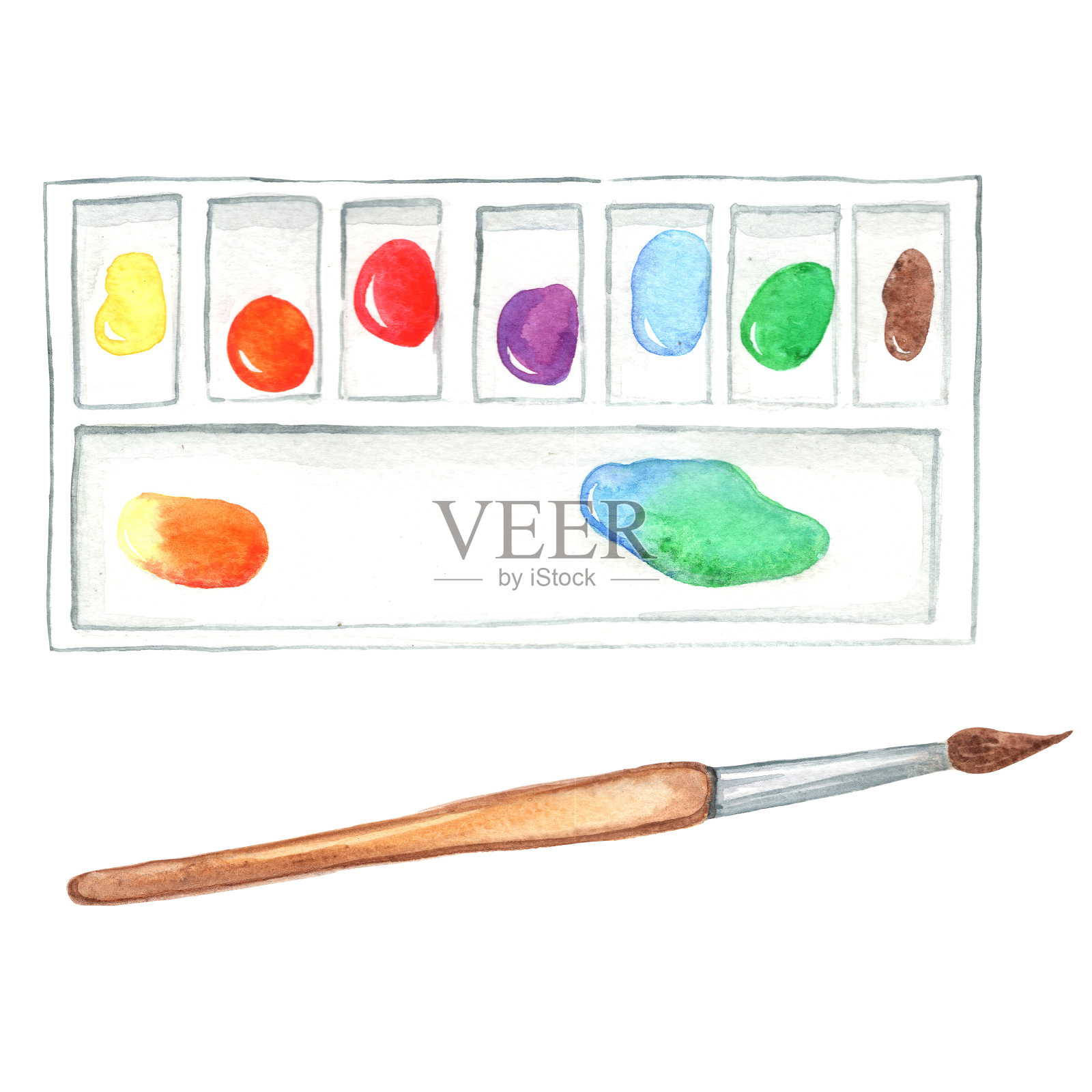 水彩调色板和画笔水彩插图装饰艺术和设计工具固定。插画图片素材