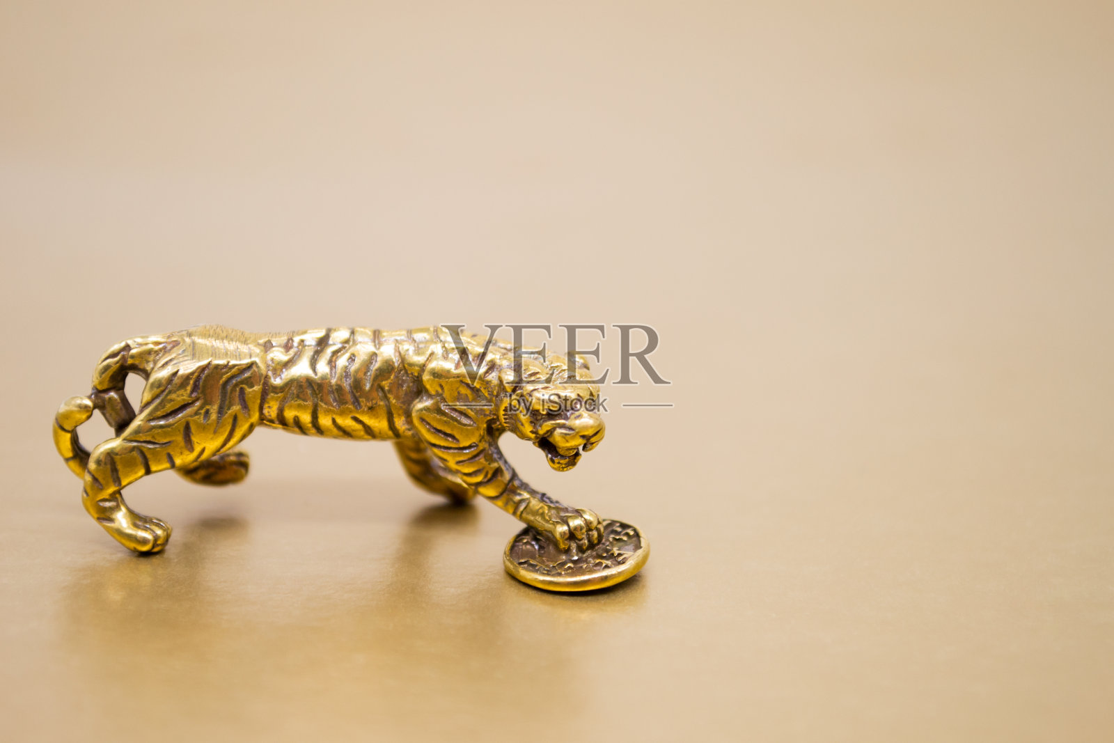 铜像老虎与硬币-象征中国2022年新年的金色背景，复制空间。祝愿吉祥如意，财源滚滚照片摄影图片