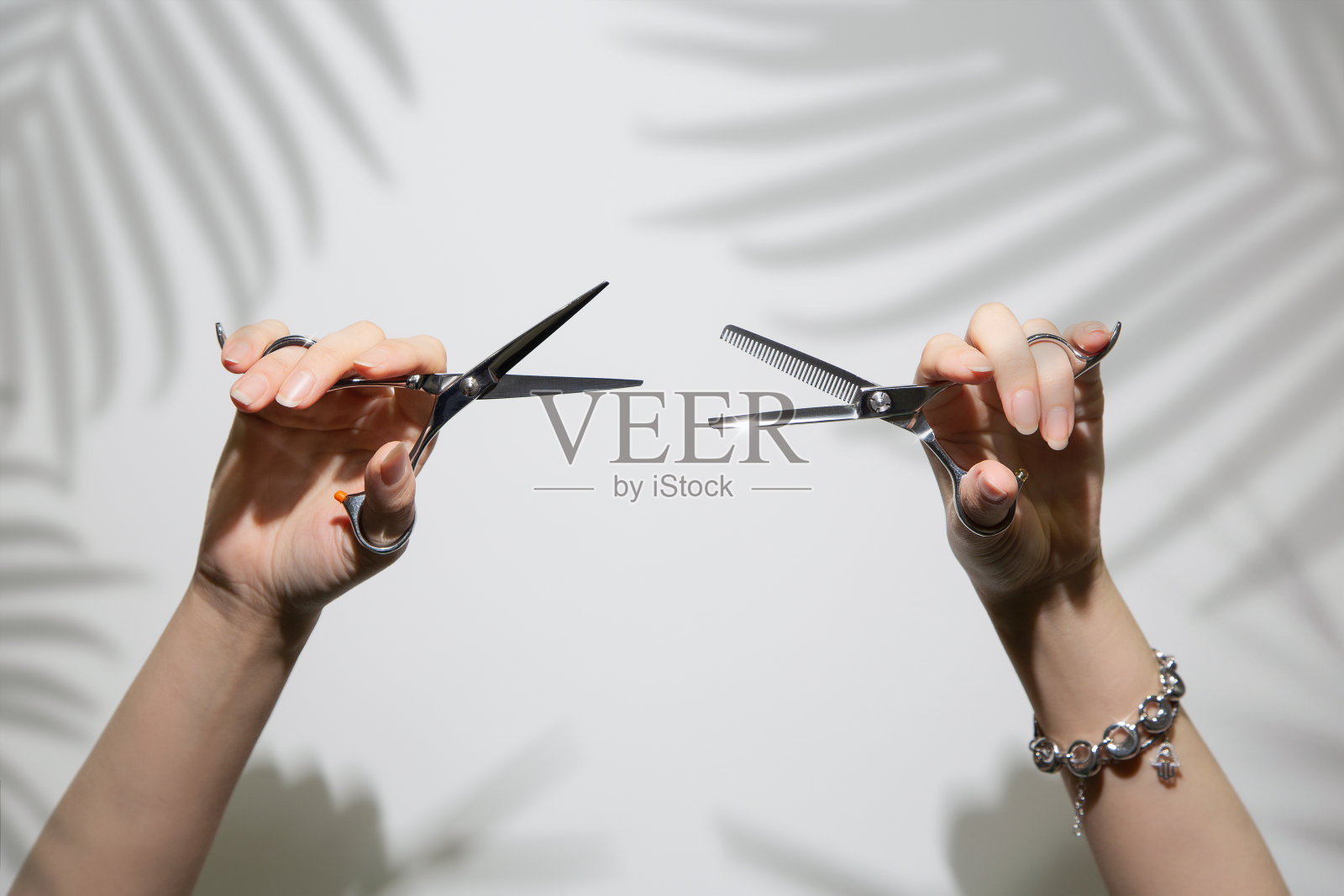 理发师的剪刀在一个女孩的手中。美丽的手拿着剪刀。照片摄影图片