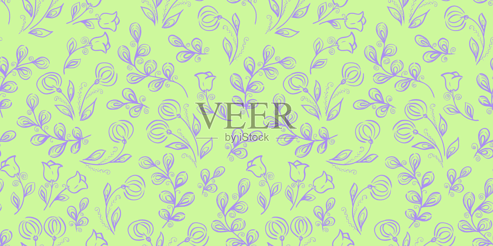 春天无缝模式。涂鸦风格的花卉元素。绿色背景。热带紫色叶子。郁金香和蒲公英的花朵插画图片素材