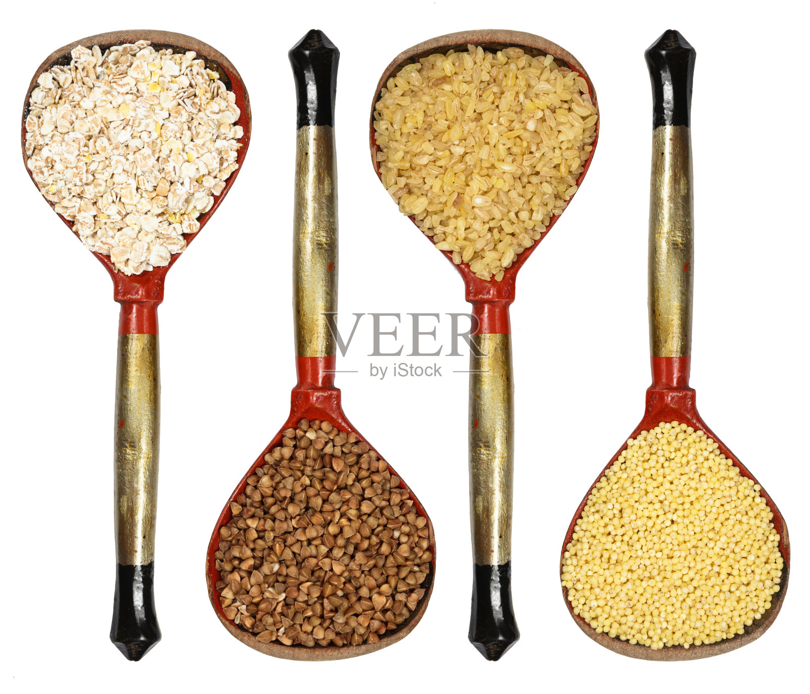 富含抗氧化剂、矿物质和维生素的种子。燕麦片，大力神，荞麦，干小麦，小米。白色背景的勺子。平的。替代医学。饮食营养照片摄影图片