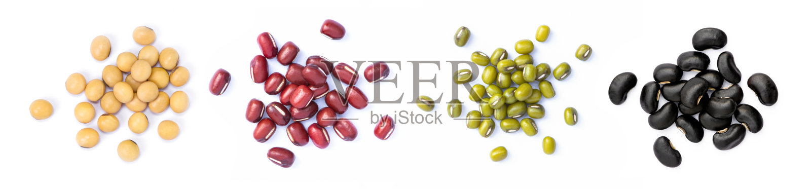 收集混合豆(黄豆，小豆，绿豆，黑豆)孤立在白色背景上。照片摄影图片