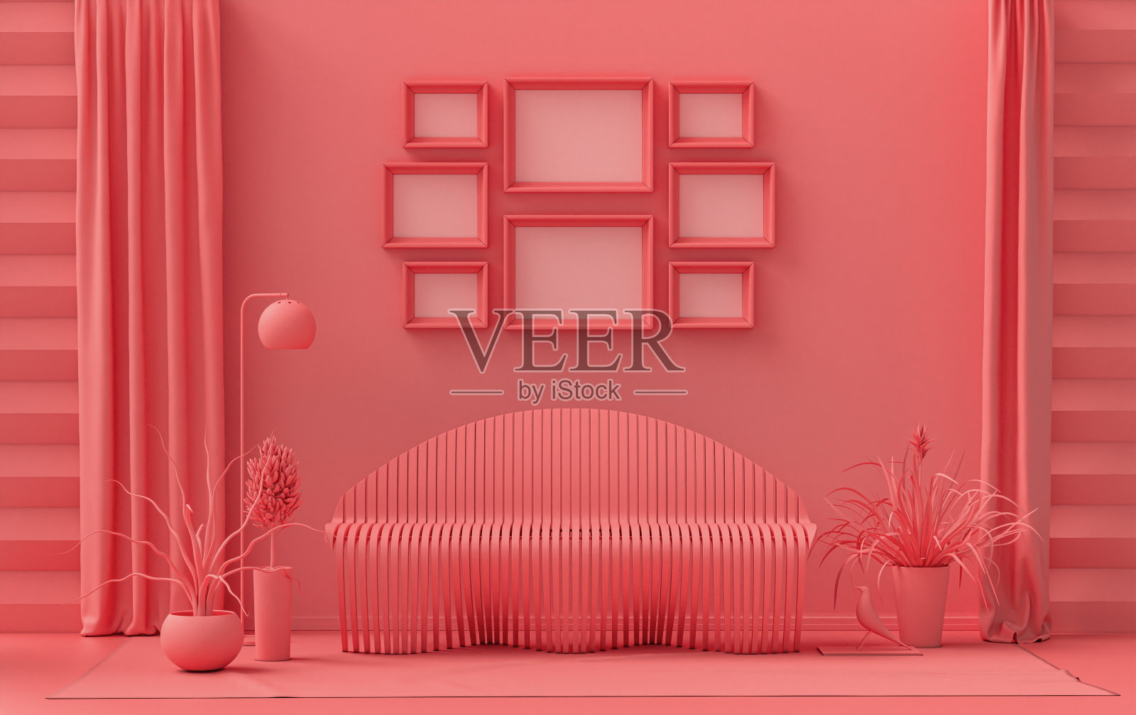 极简主义的客厅室内采用平面单色调的淡粉色，粉橘色与8帧的墙壁及家具和植物，在房间内，三维渲染照片摄影图片