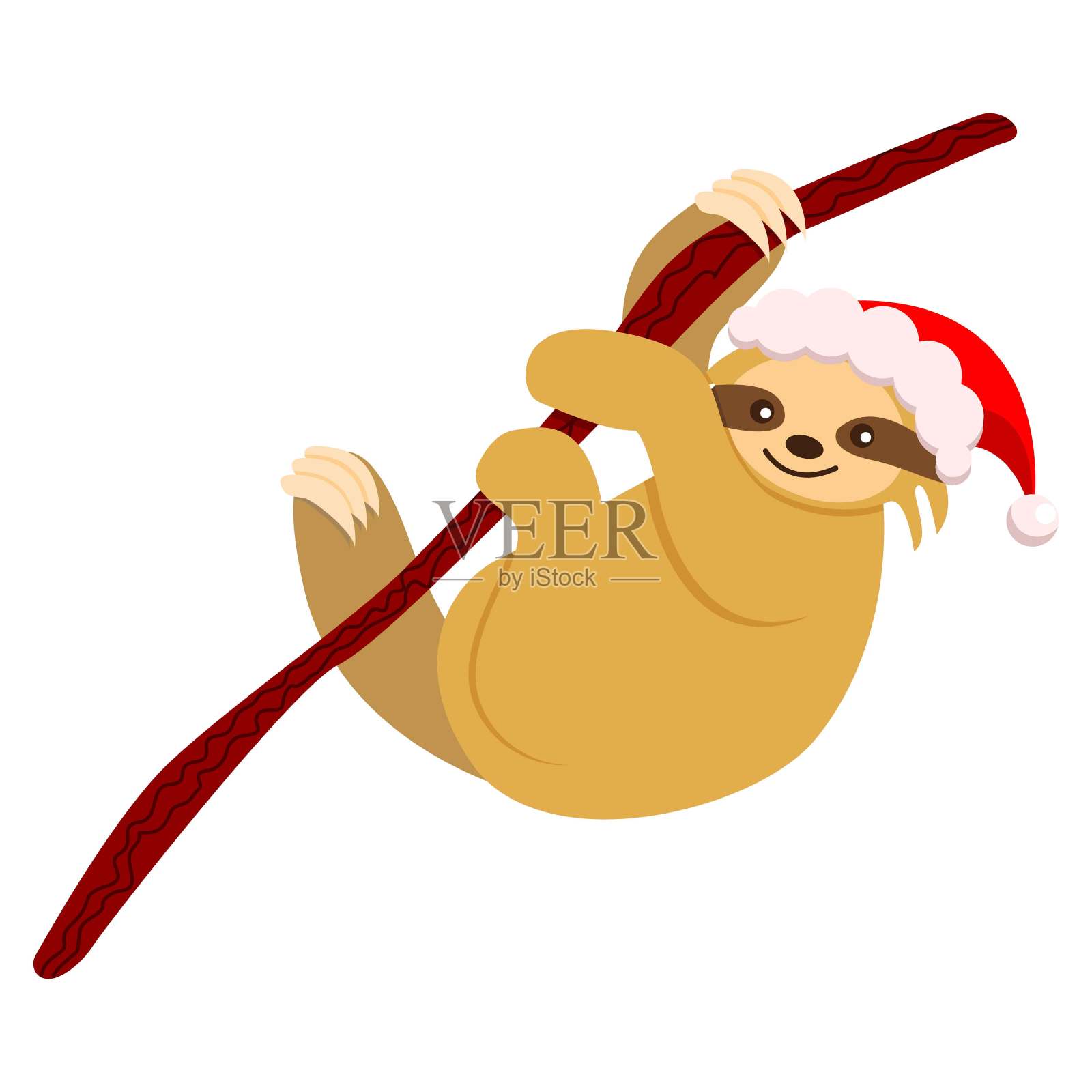 戴着红白帽子的树懒宝宝，卡通风格圣诞新年装饰插画图片素材