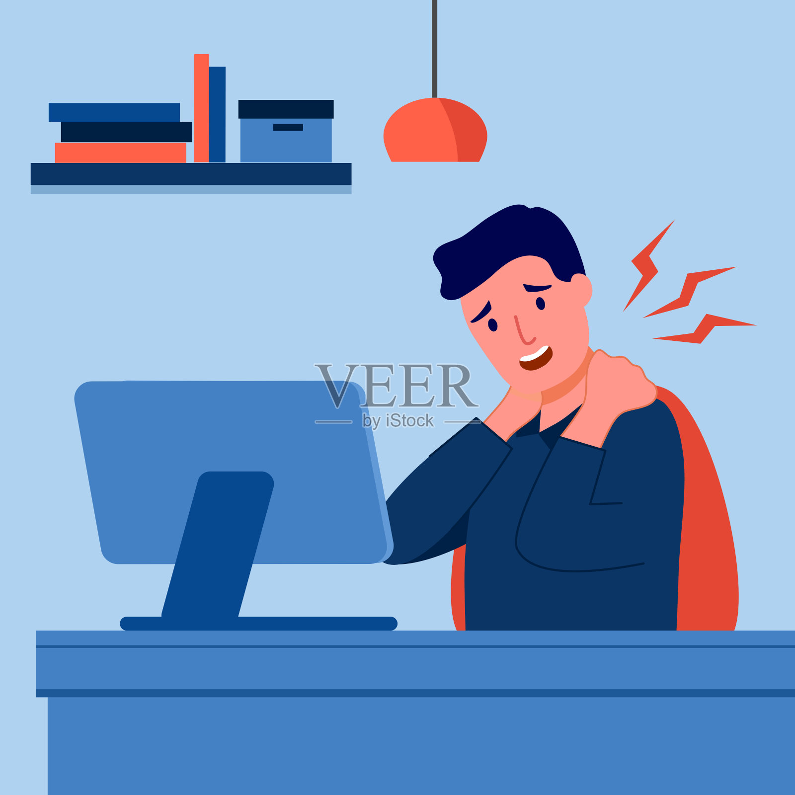 办公室综合症概念矢量插图。商人在工作场所有颈肩疼痛的症状。骨骼或肌肉问题。插画图片素材