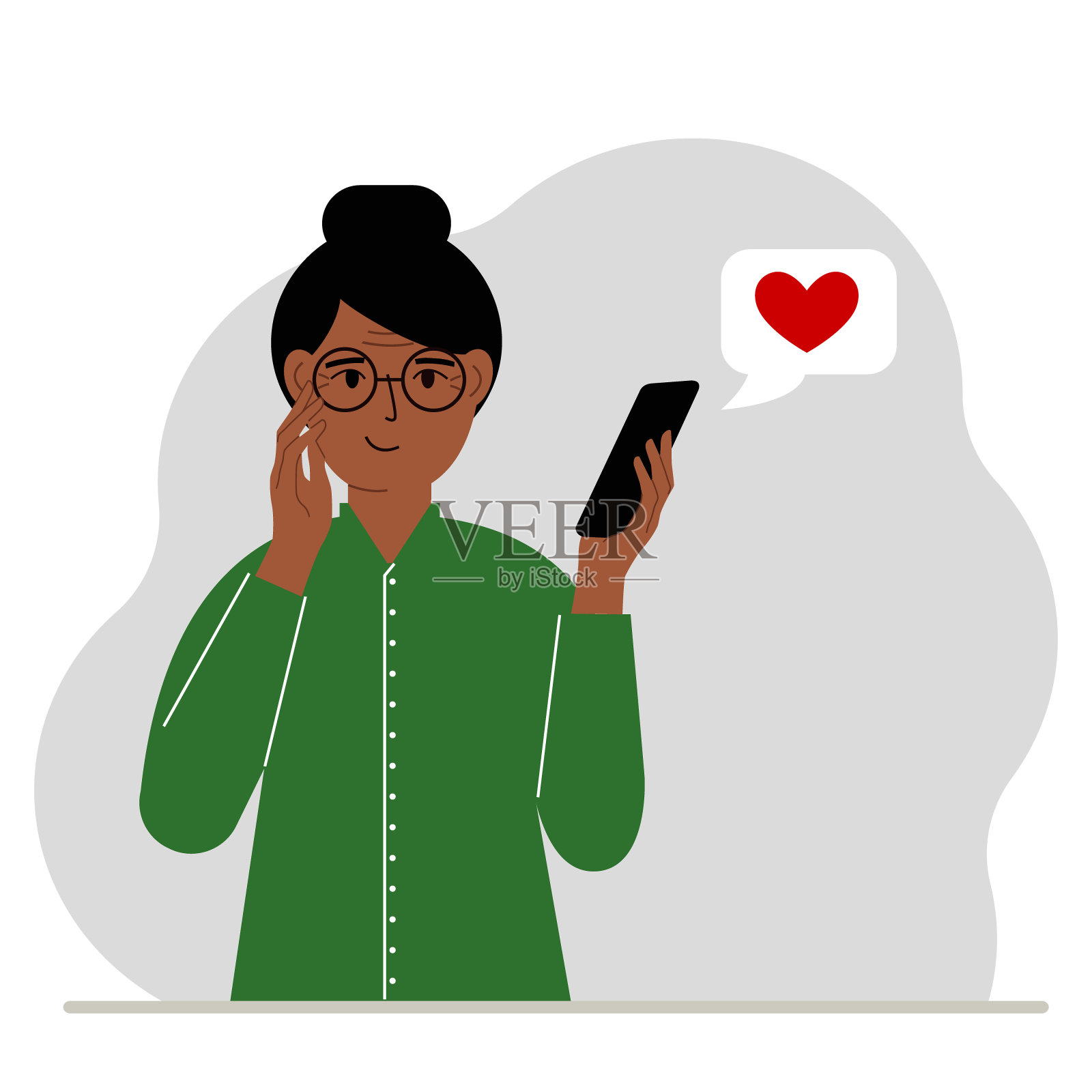 心满意足的女人读着他手机上的信息。信用红心。向量插画图片素材