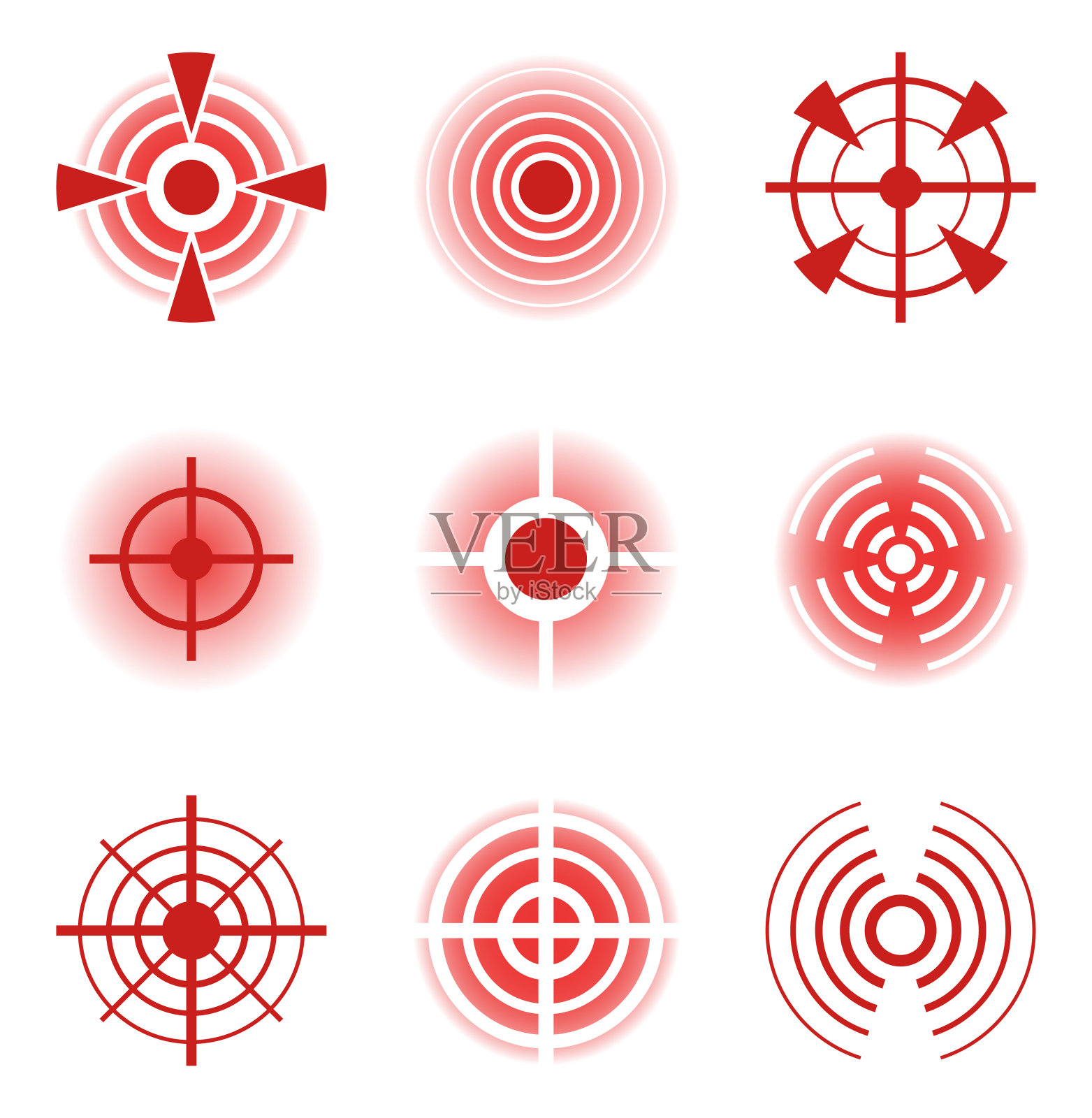 红色疼痛圆图标，用于治疗疼痛区域标记。药物治疗受伤，肌肉酸痛。身体炎症指征插画图片素材