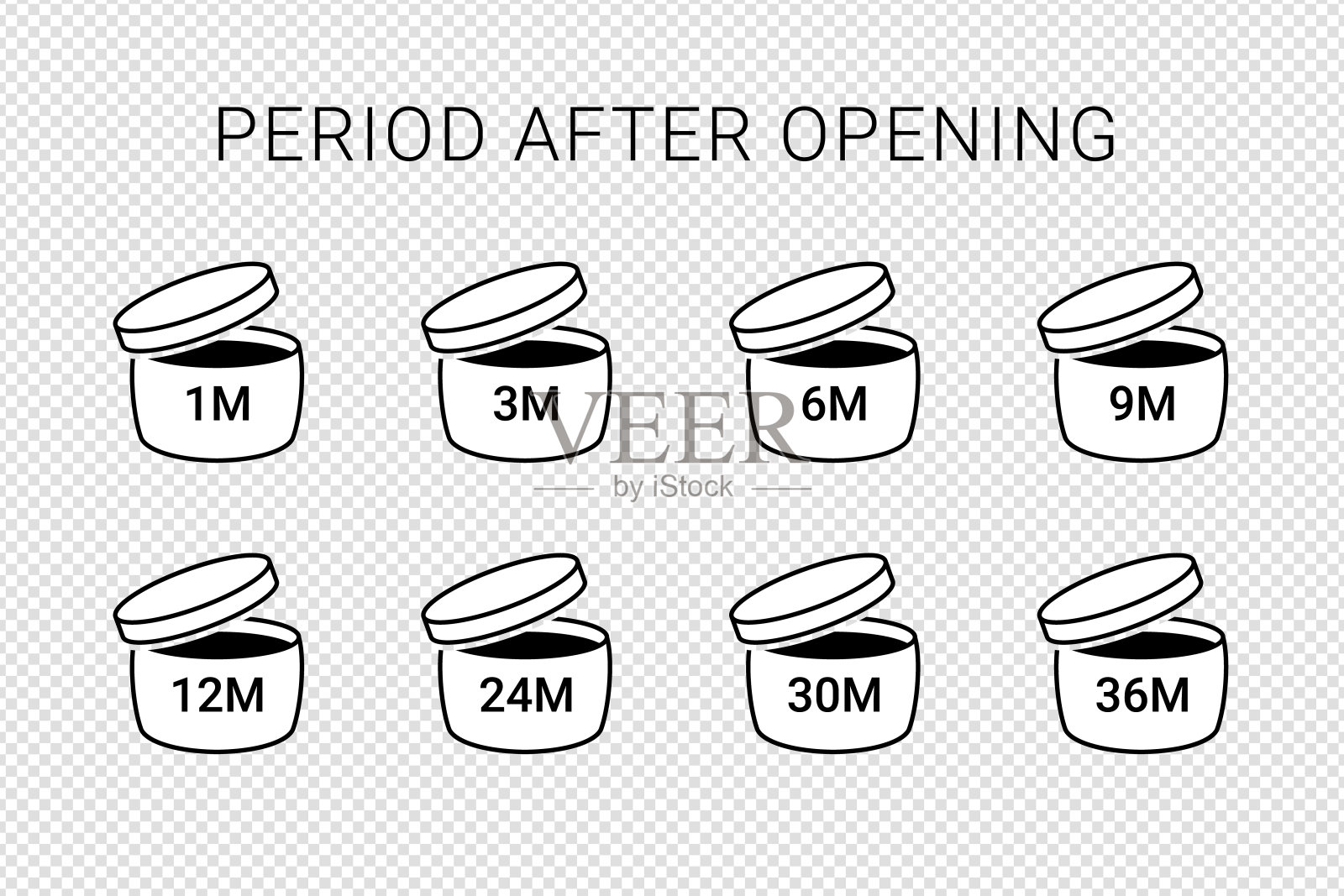 在透明背景上隔离的打开图标后的句点。PAO符号。圆盒，盖子打开。化妆品包装的有效期以月为单位。矢量图插画图片素材