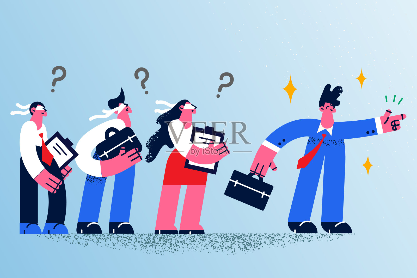 商人带领被蒙住眼睛的同事走向成功插画图片素材