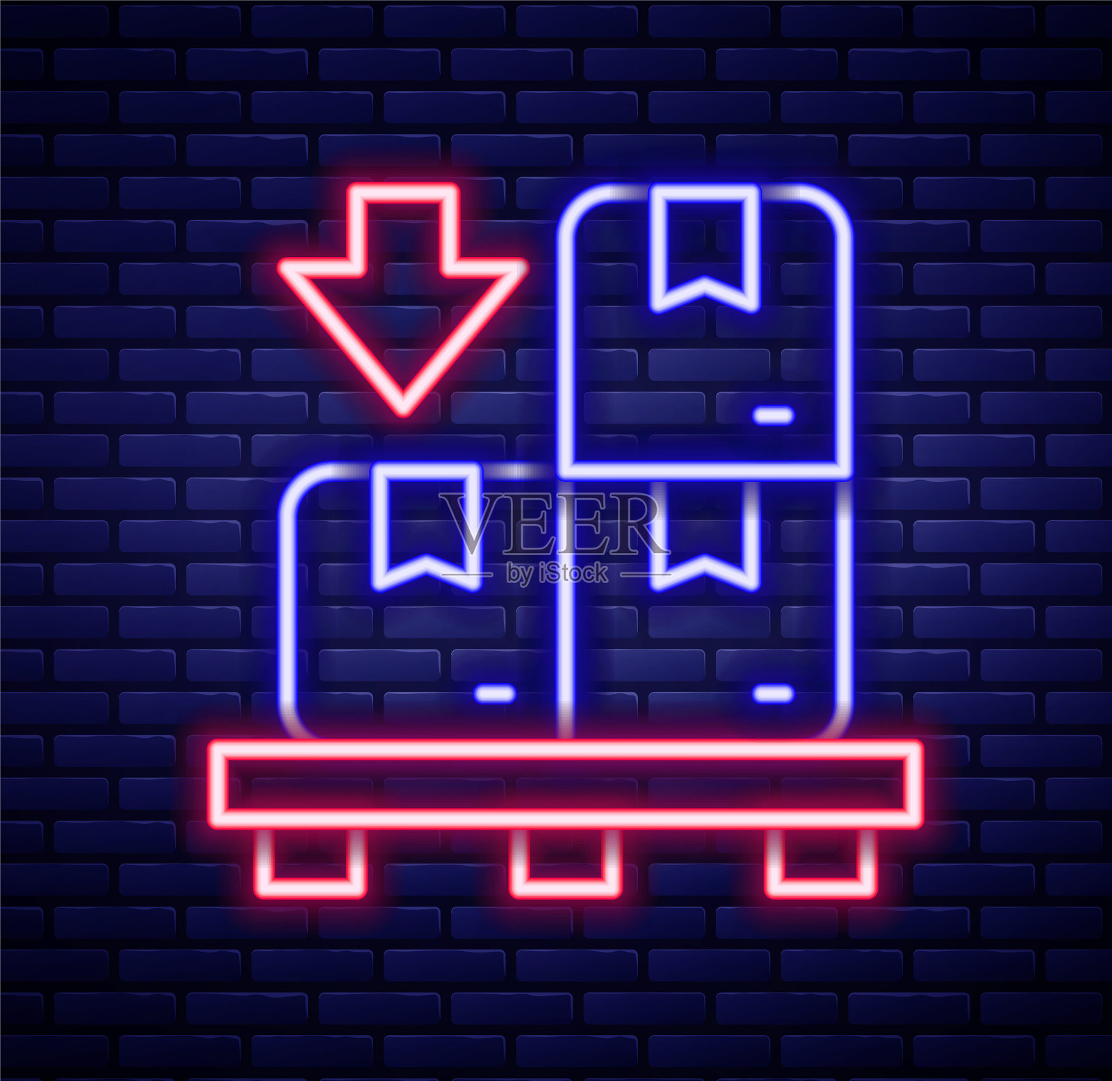 发光的霓虹灯线纸箱托盘图标孤立在砖墙背景上。带易碎标志的封闭纸箱交付包装盒。色彩斑斓的轮廓的概念。向量图标素材