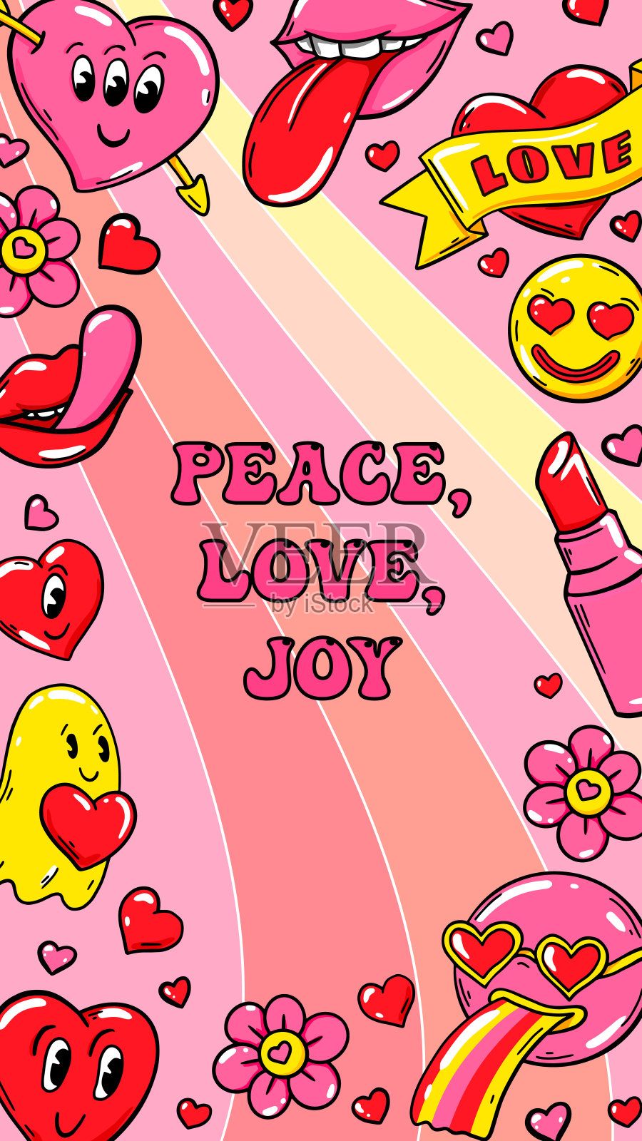 时尚的爱情海报与可爱的漫画插图。Groovy向量设计。插画图片素材