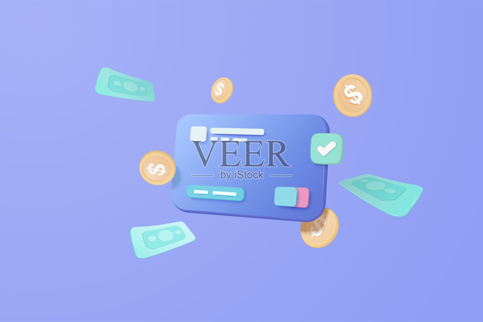 3D信用卡货币为网上购物提供金融安全，带有支付保护概念的网上支付信用卡。三维矢量商业金融，网上银行和购物安全插画图片素材