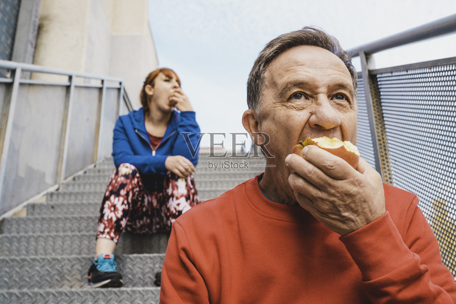 一只成年雄性和一只姜黄色雌性在楼梯上休息吃苹果照片摄影图片