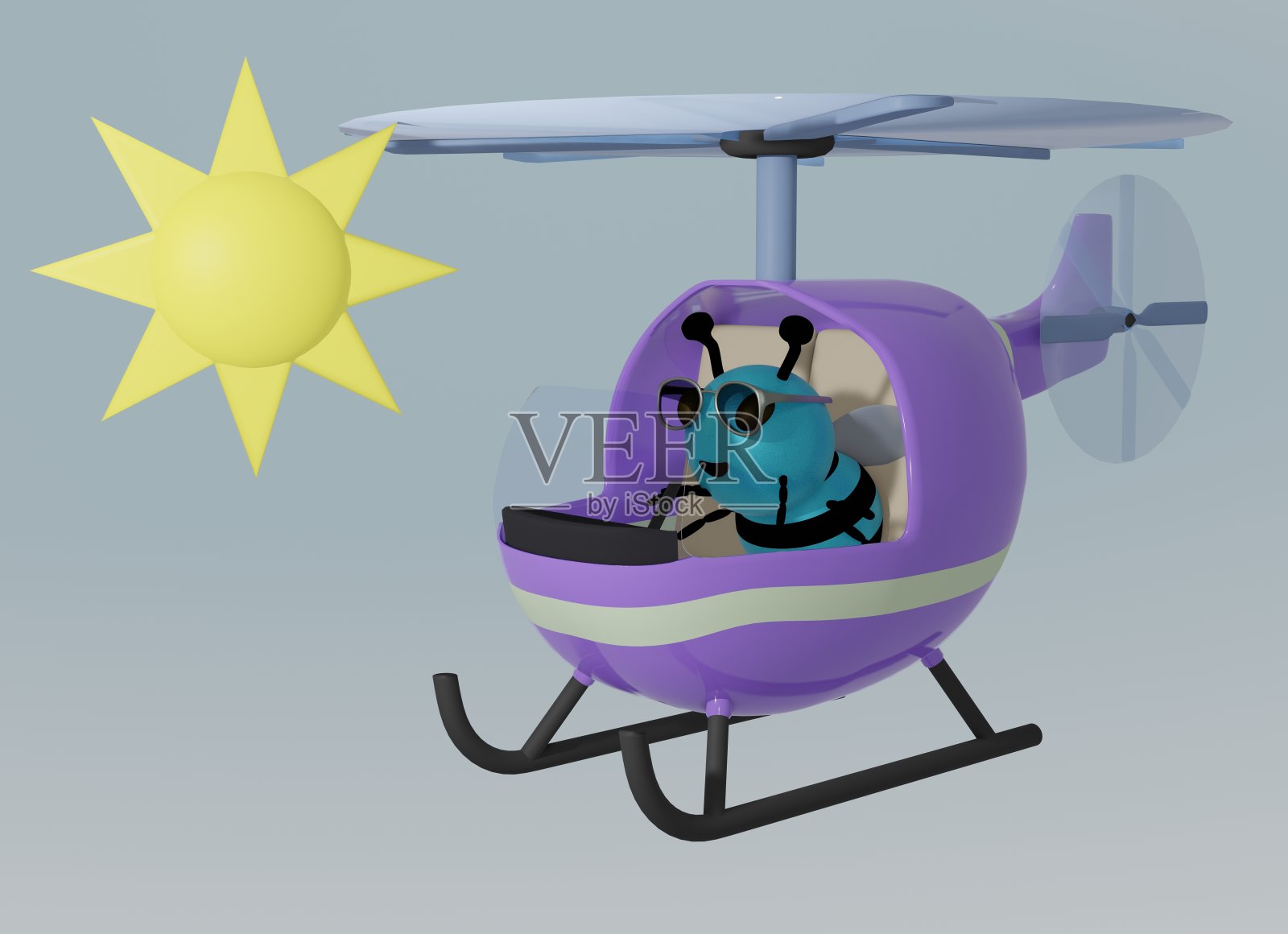 蓝色蜜蜂，直升机和晴朗的天空照片摄影图片