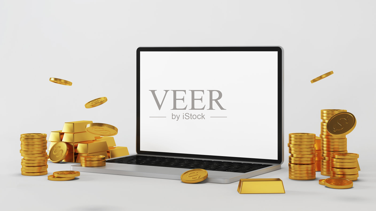 笔记本被金色包围着。3 d渲染。照片摄影图片