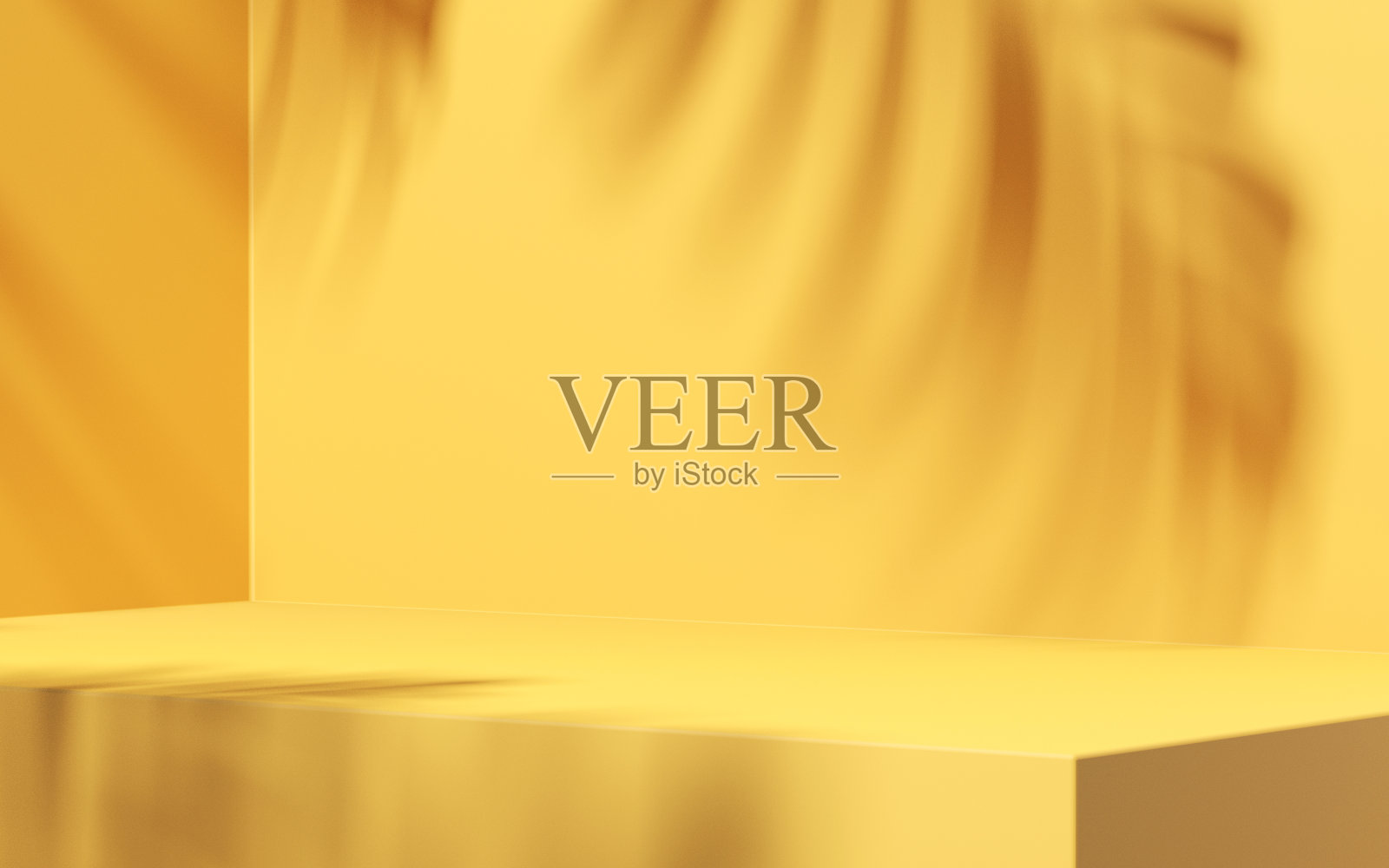 最小的抽象黄色背景用于产品介绍。灰泥墙上的热带树叶阴影。春季和夏季。照片摄影图片