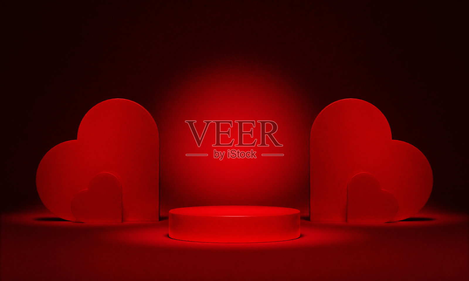 情人节讲台底座红色的心在背景。奢侈品展示模型。3d渲染舞台与爱情构成场景。照片摄影图片