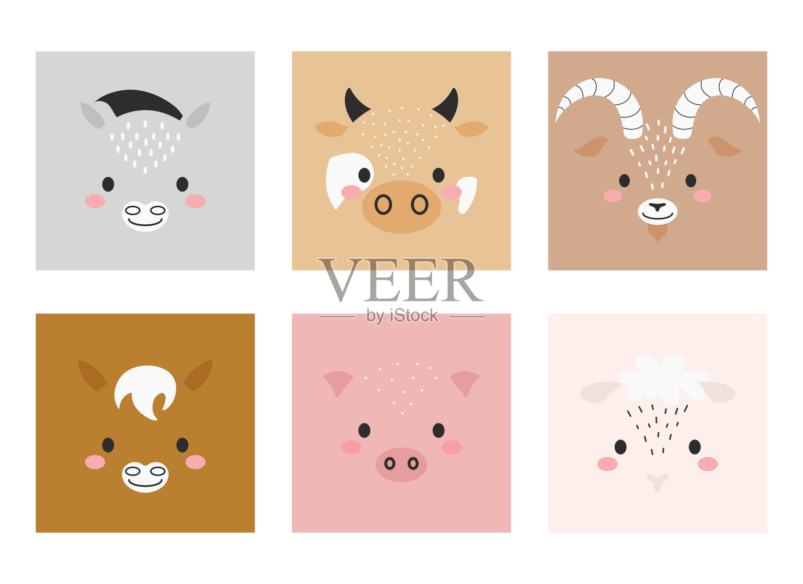 可爱的卡通动物脸设置。为孩子们布置派对。用于卡片、贴纸、请柬、育儿室装饰。矢量插图。插画图片素材