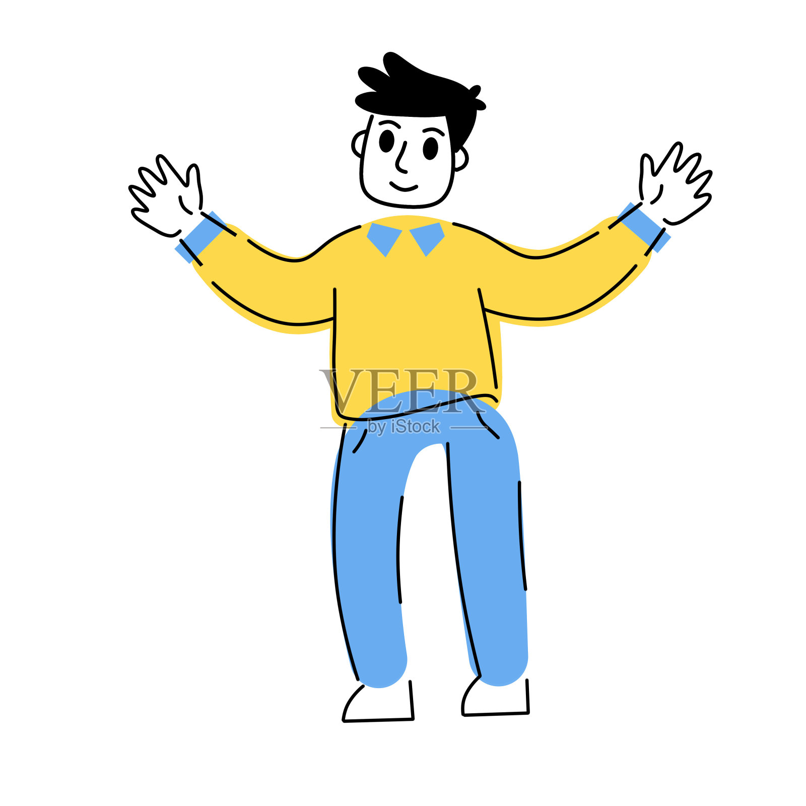 举手的年轻人。快乐和享受生活的姿态。几何线性现代特征。新潮轮廓卡通插画插画图片素材