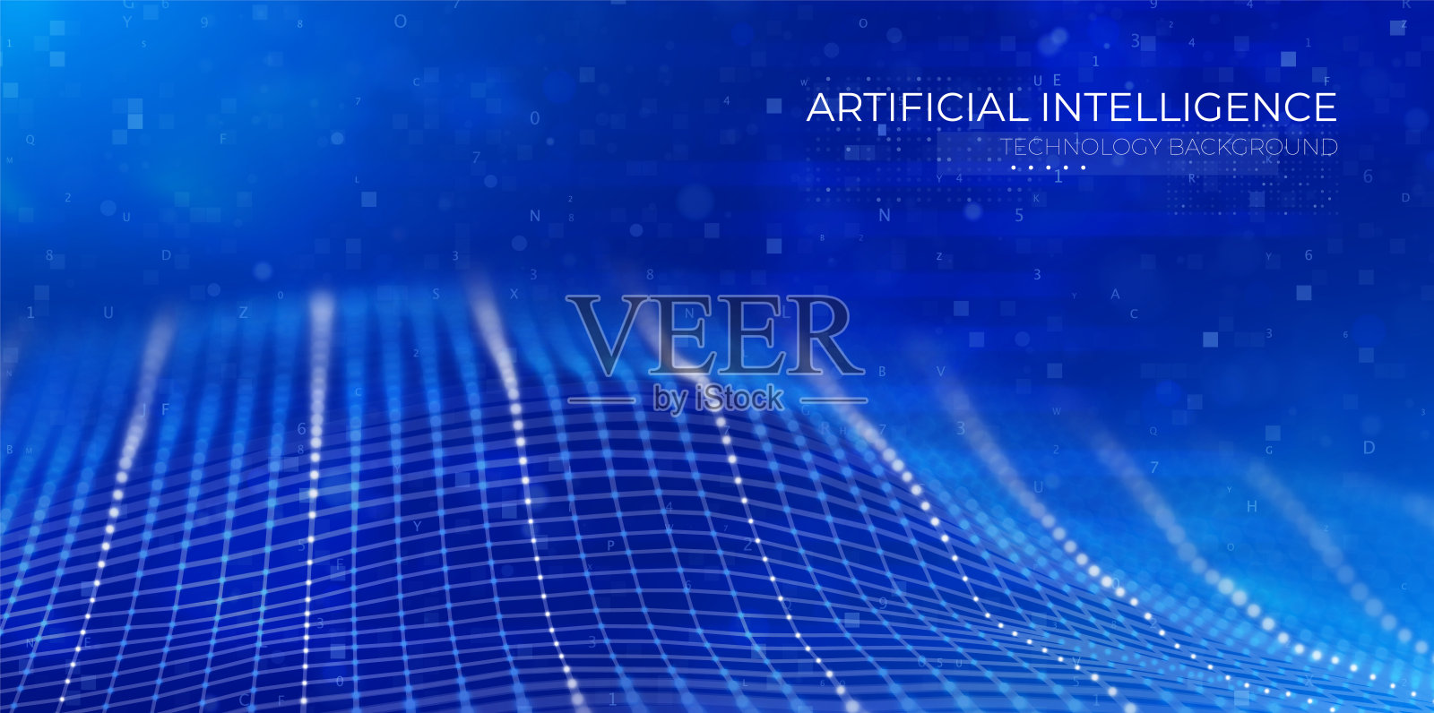 人工智能的概念。抽象蓝色粒子背景。流波点景。数字数据结构。未来网格或声音网格。可视化模式点。插画图片素材