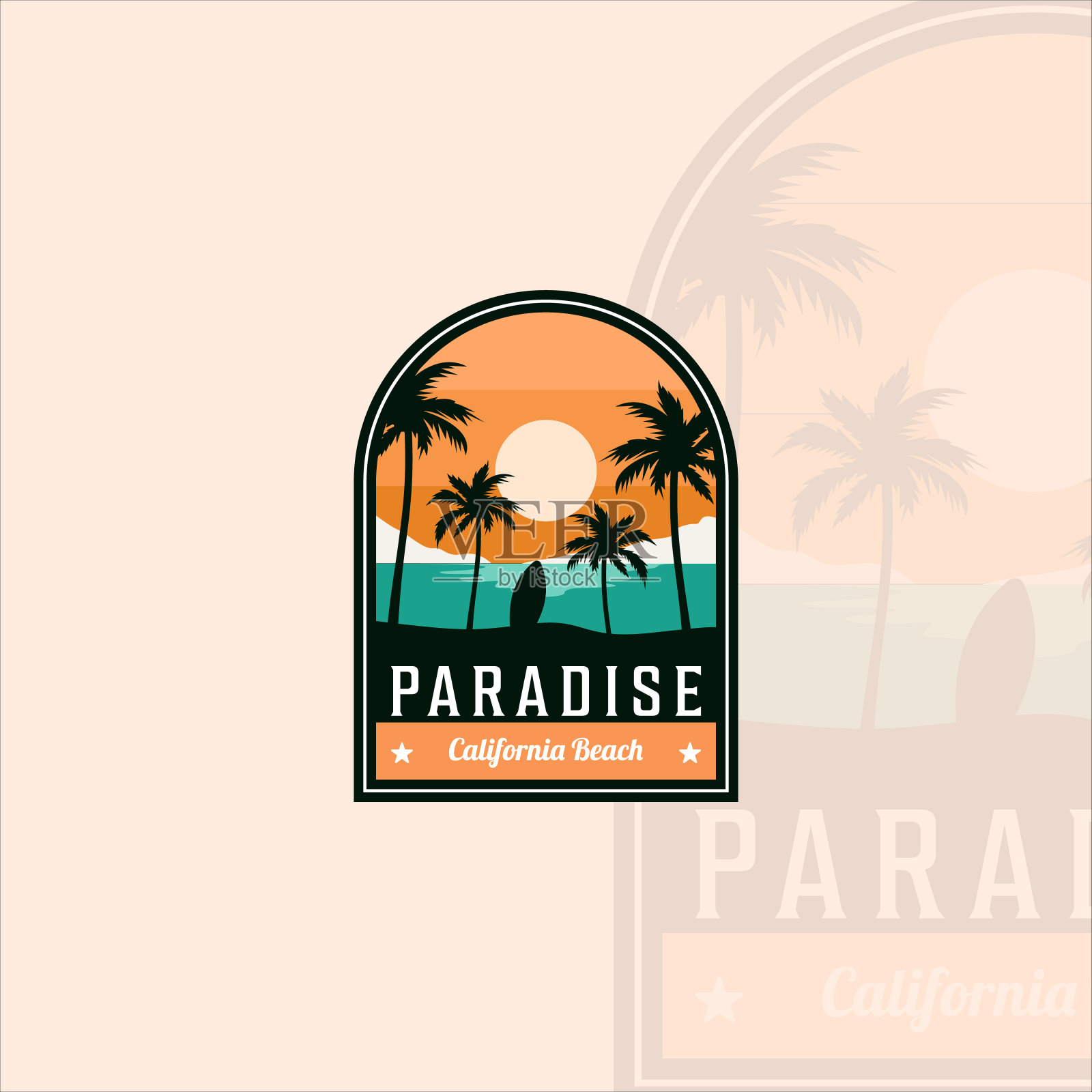 海滩或天堂徽章标志现代复古矢量插图模板图标图形设计。棕榈树或椰子树在户外与冲浪板标志或符号的旅行冒险插画图片素材