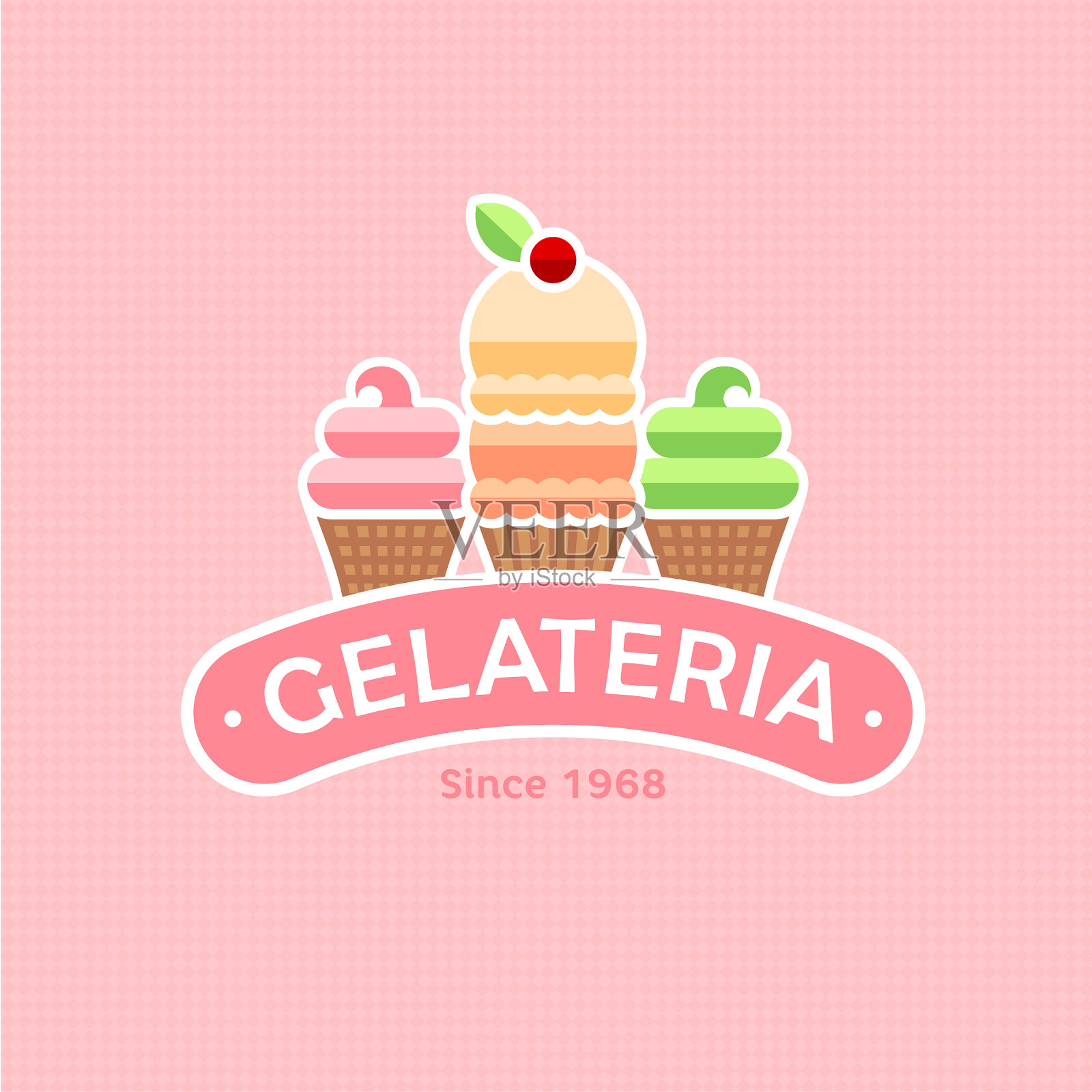 冰淇淋会徽。Gelateria图标。意大利咖啡馆的迹象。粉红色背景上有字母的冰淇淋。插画图片素材