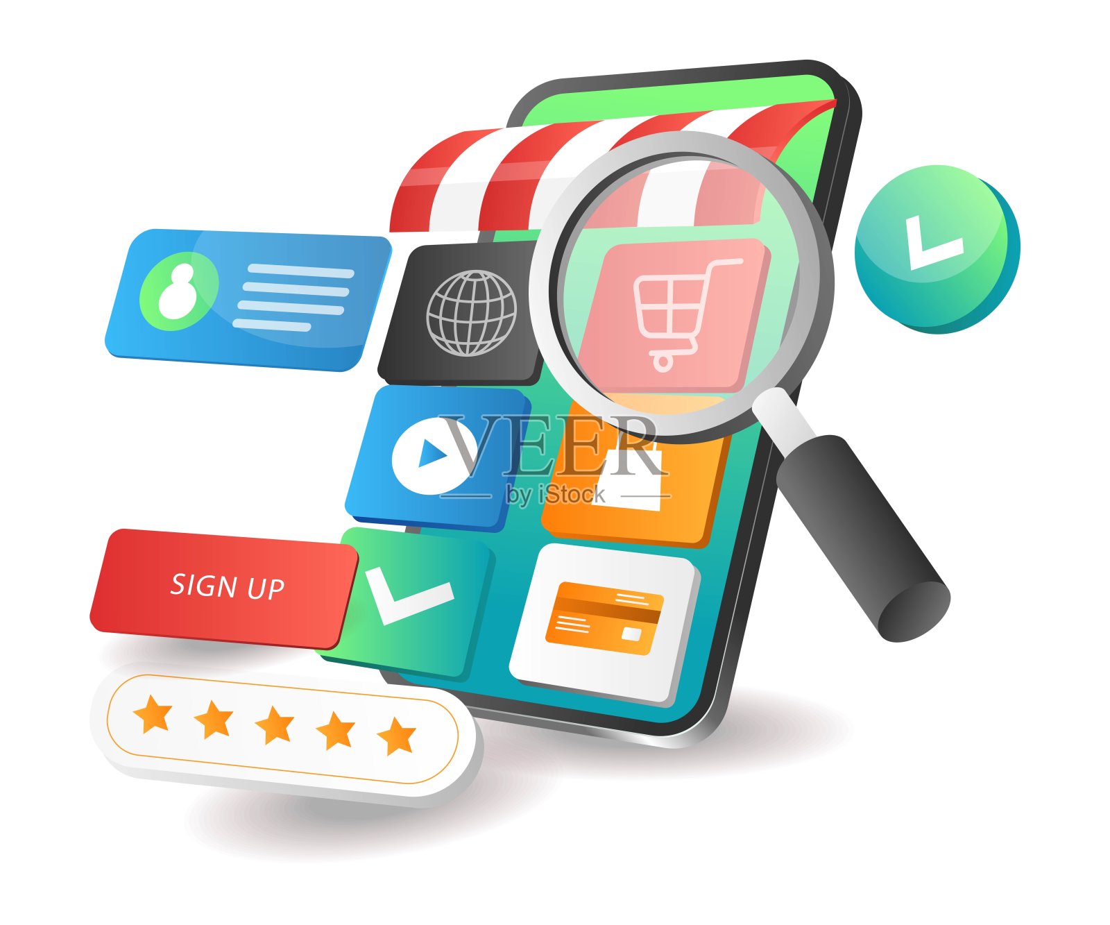 插图等距的概念。寻找一个在线购物应用程序插画图片素材