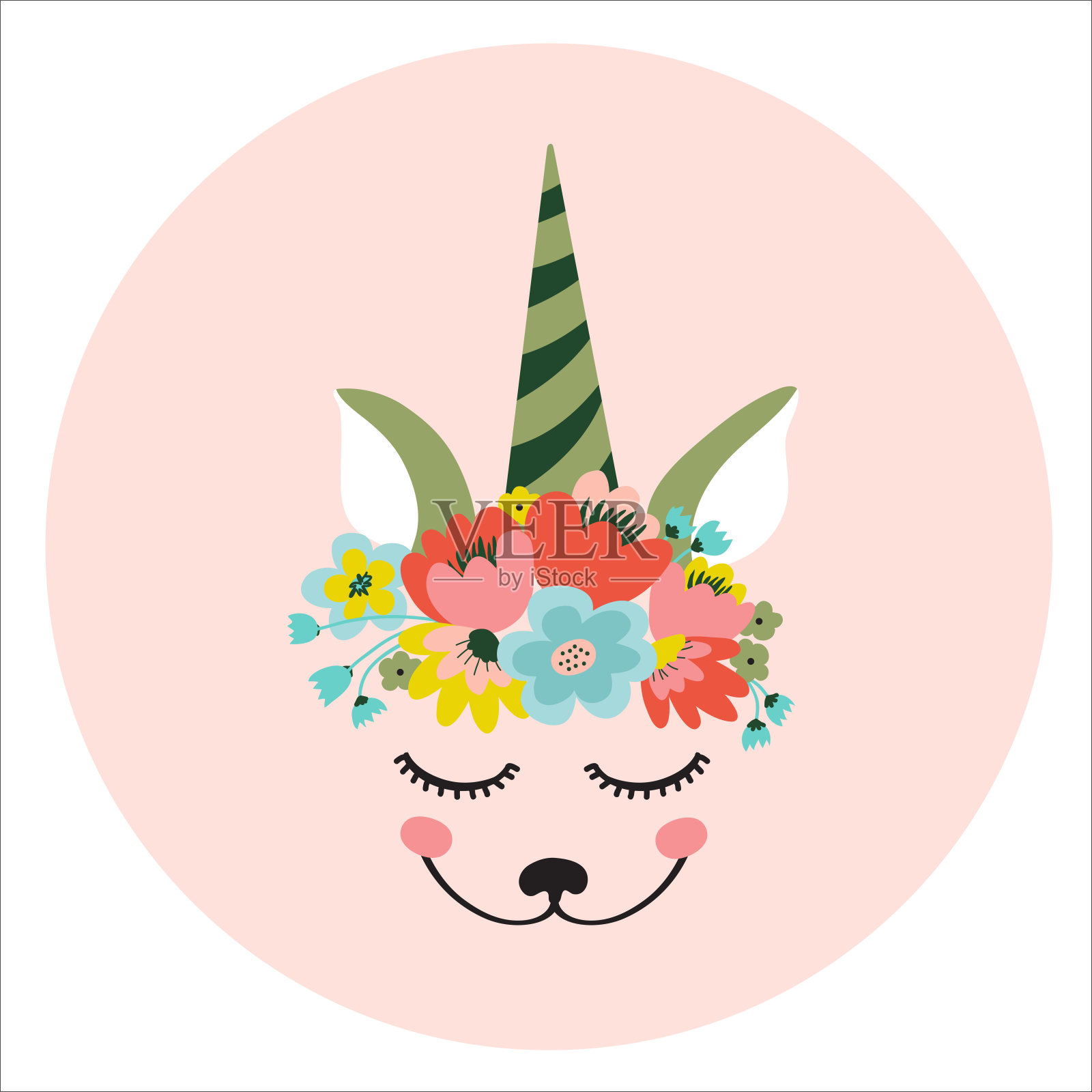 可爱的独角兽的脸，头上的花圈。闭上眼睛微笑。矢量平面插图插画图片素材