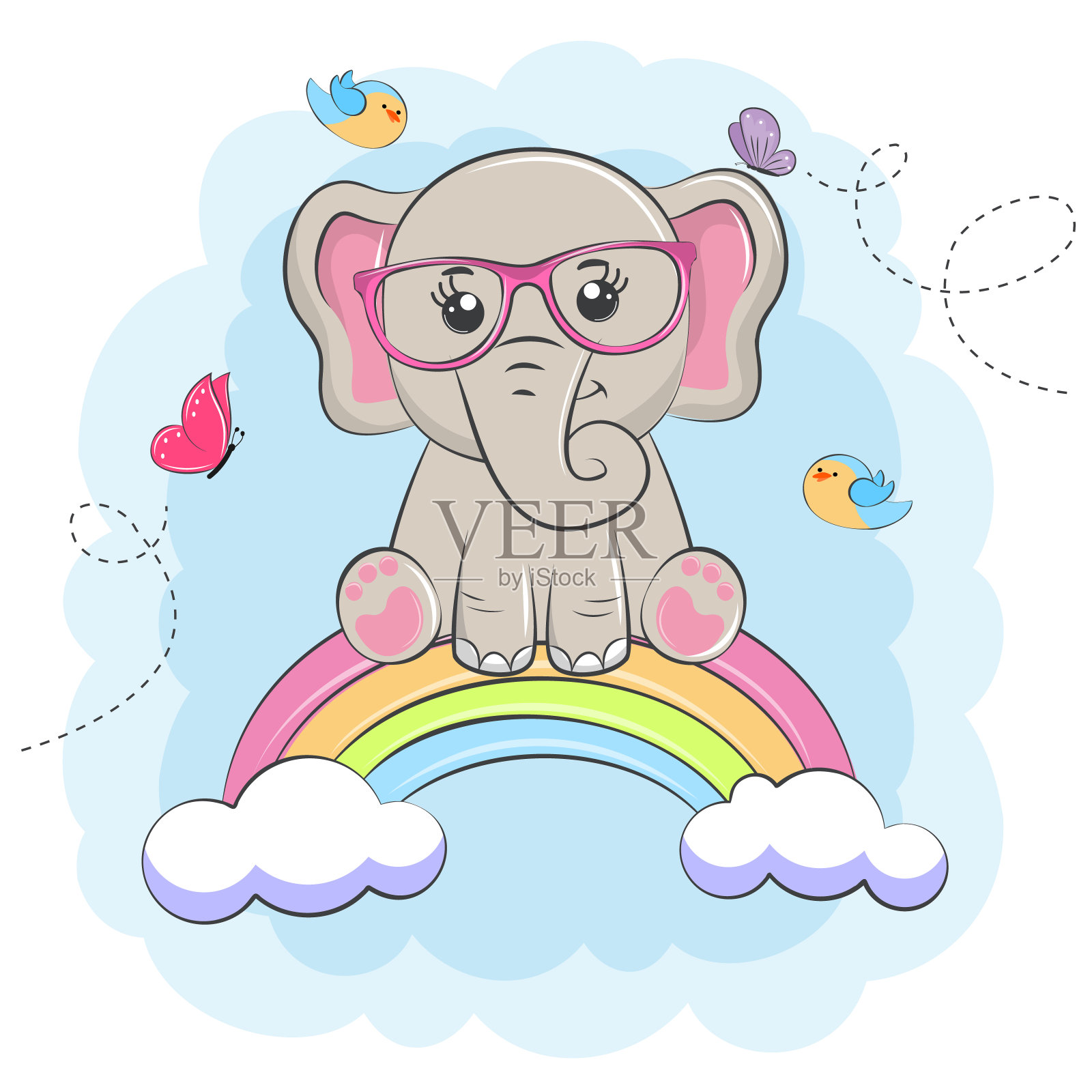 可爱的卡通小象，坐在彩虹上。插画图片素材
