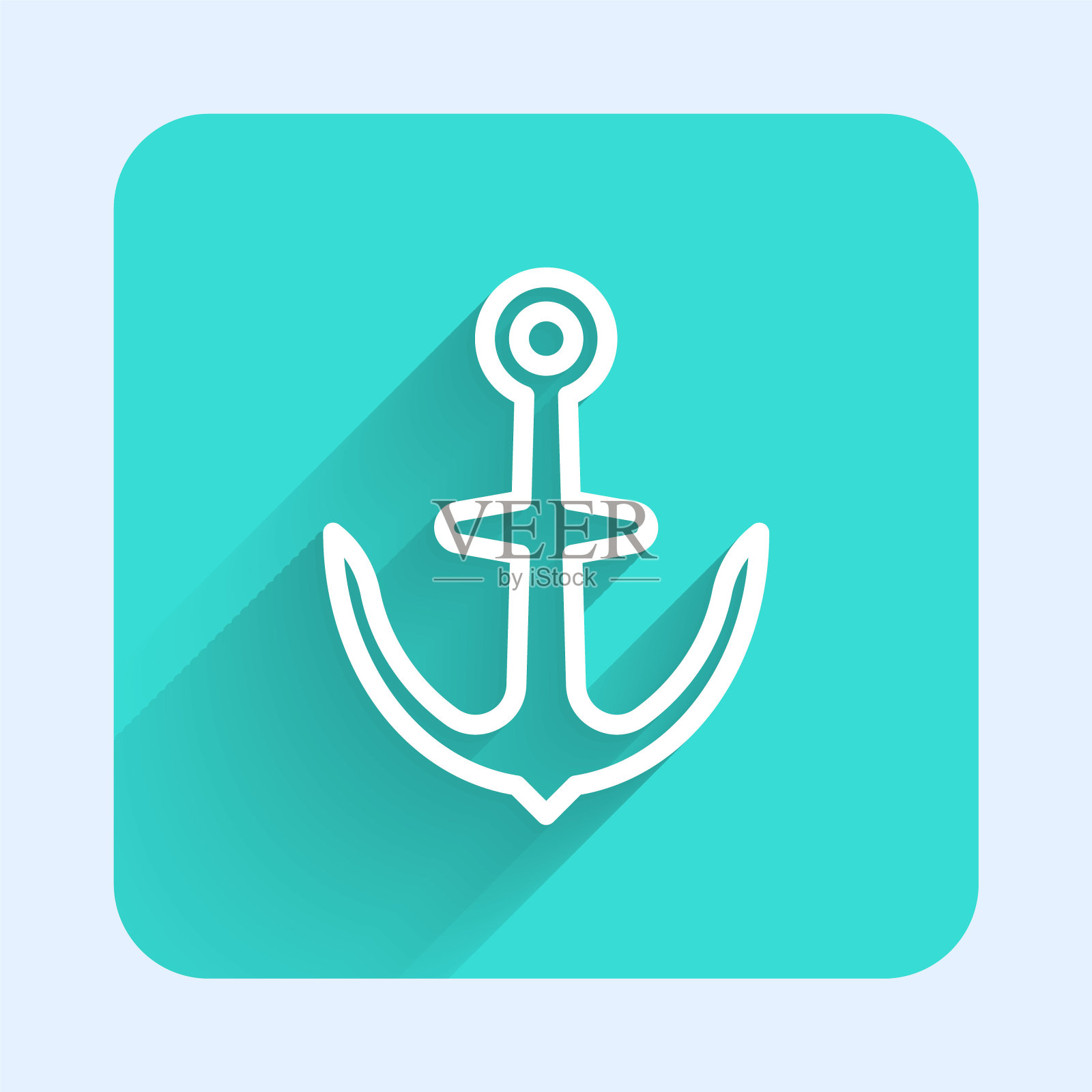 白线锚图标孤立与长阴影。绿色广场按钮。向量图标素材