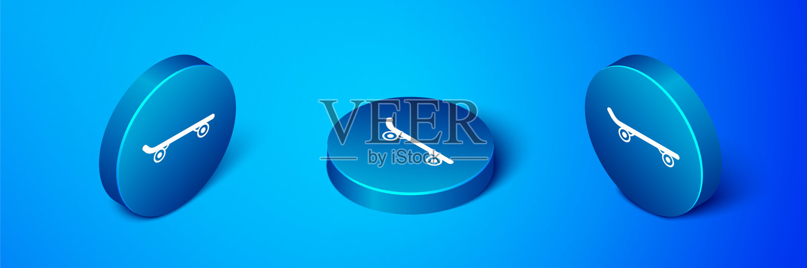 在蓝色背景上孤立的等距滑板图标。极限运动。运动设备。蓝色圆按钮。向量插画图片素材