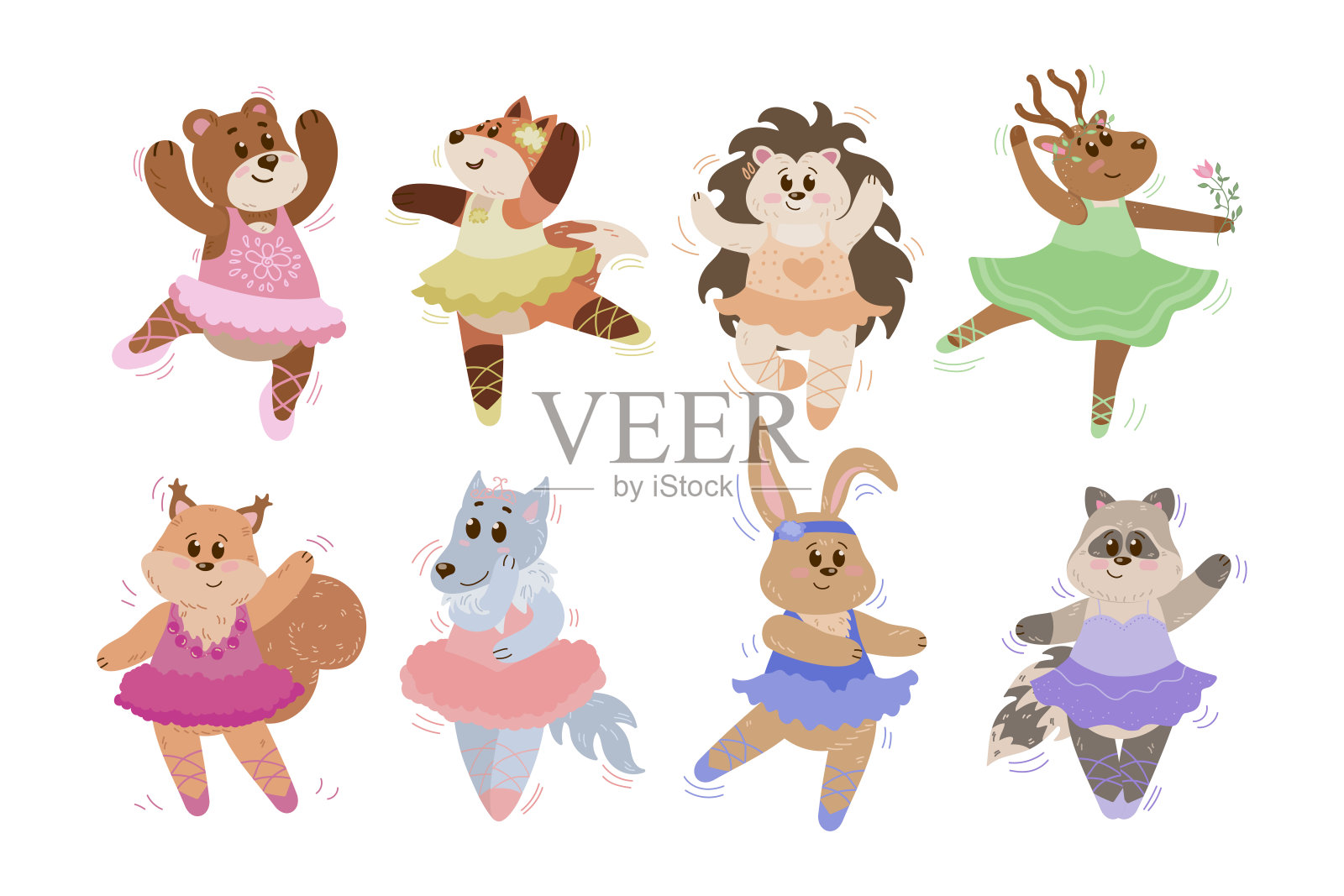 可爱的动物芭蕾舞演员角色向量插图集插画图片素材