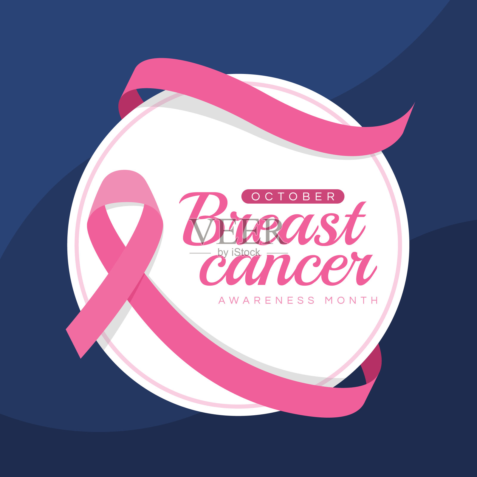 乳腺癌意识月文本白色圆形横幅与粉红色丝带滚动在蓝色纹理背景向量设计插画图片素材