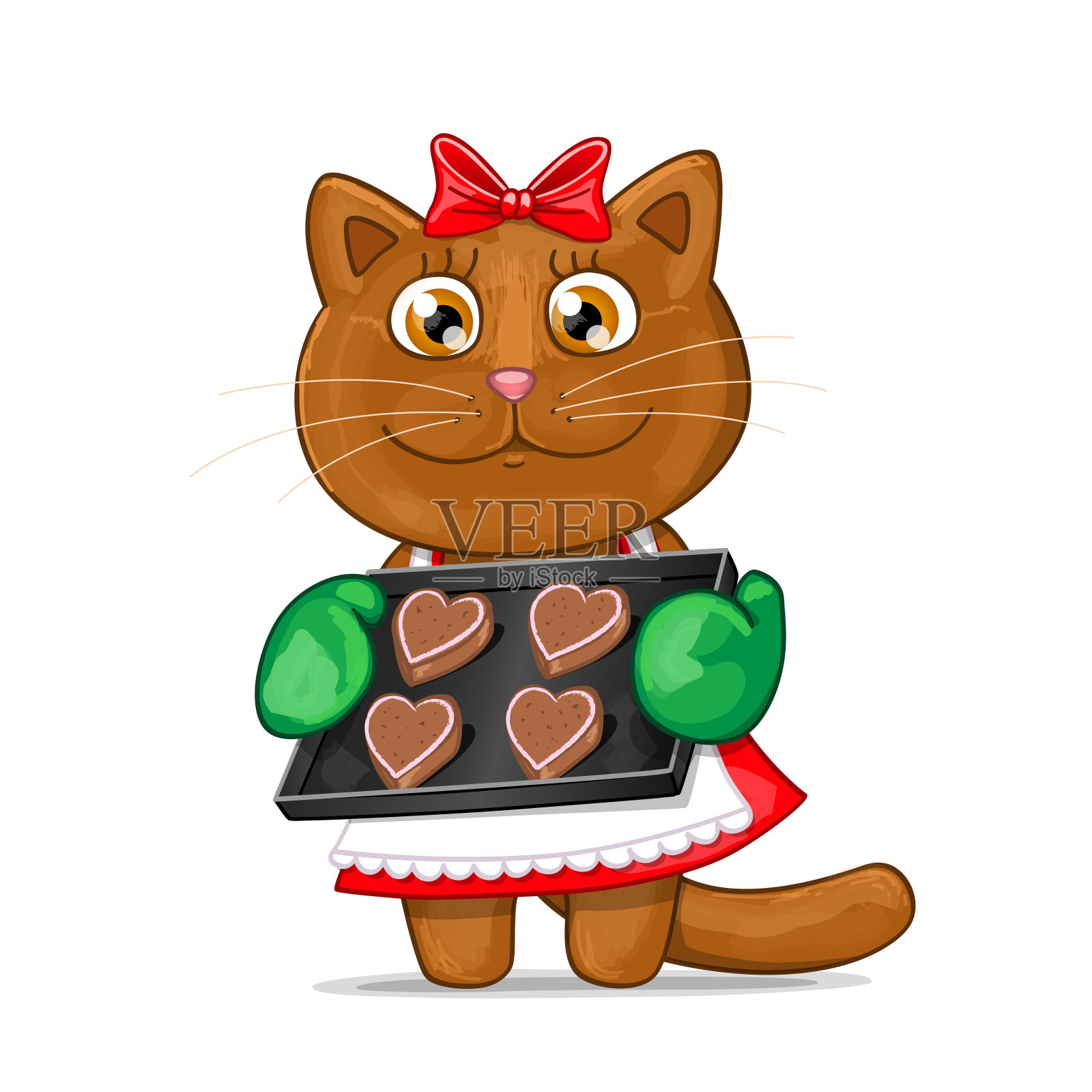 卡通肉桂色英国猫女孩与心形饼干。 矢量插图插画图片素材