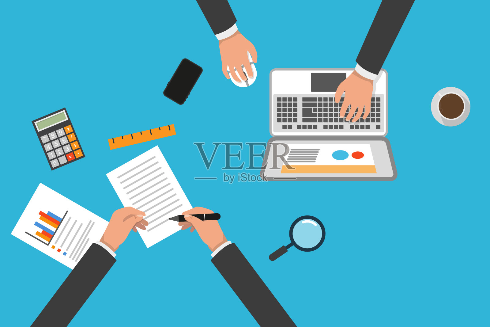 在商业会议上进行团队合作分析项目。矢量插图俯视图插画图片素材