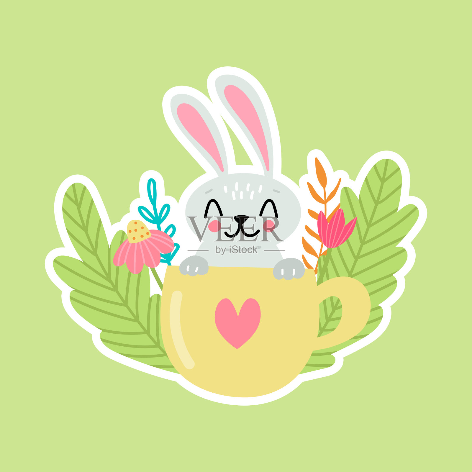 可爱的复活节兔子贴纸在杯子与鲜花和香草。矢量插图孤立在绿色上插画图片素材