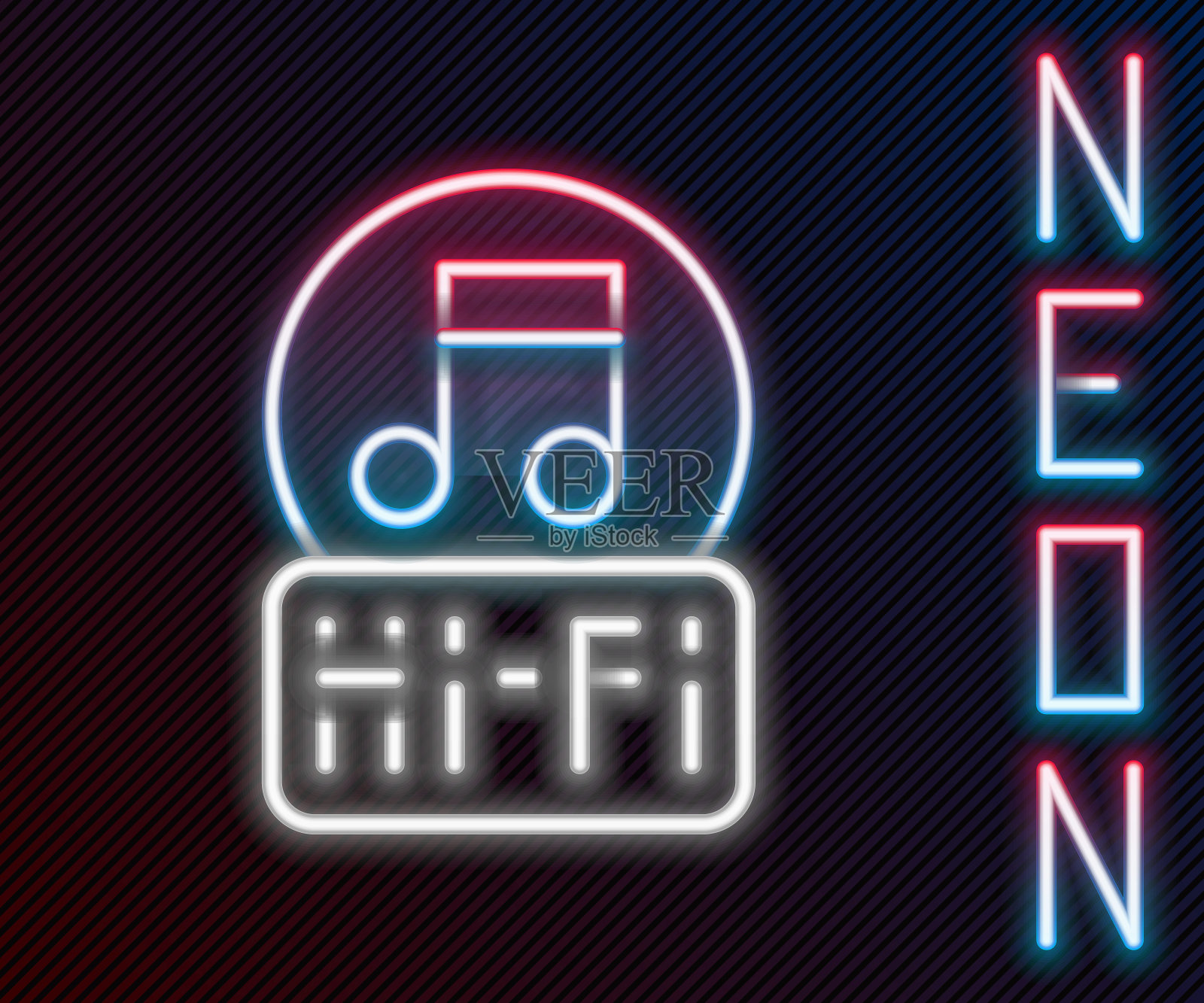 发光霓虹灯线音乐笔记，音调图标孤立在黑色背景上。色彩斑斓的轮廓的概念。向量插画图片素材