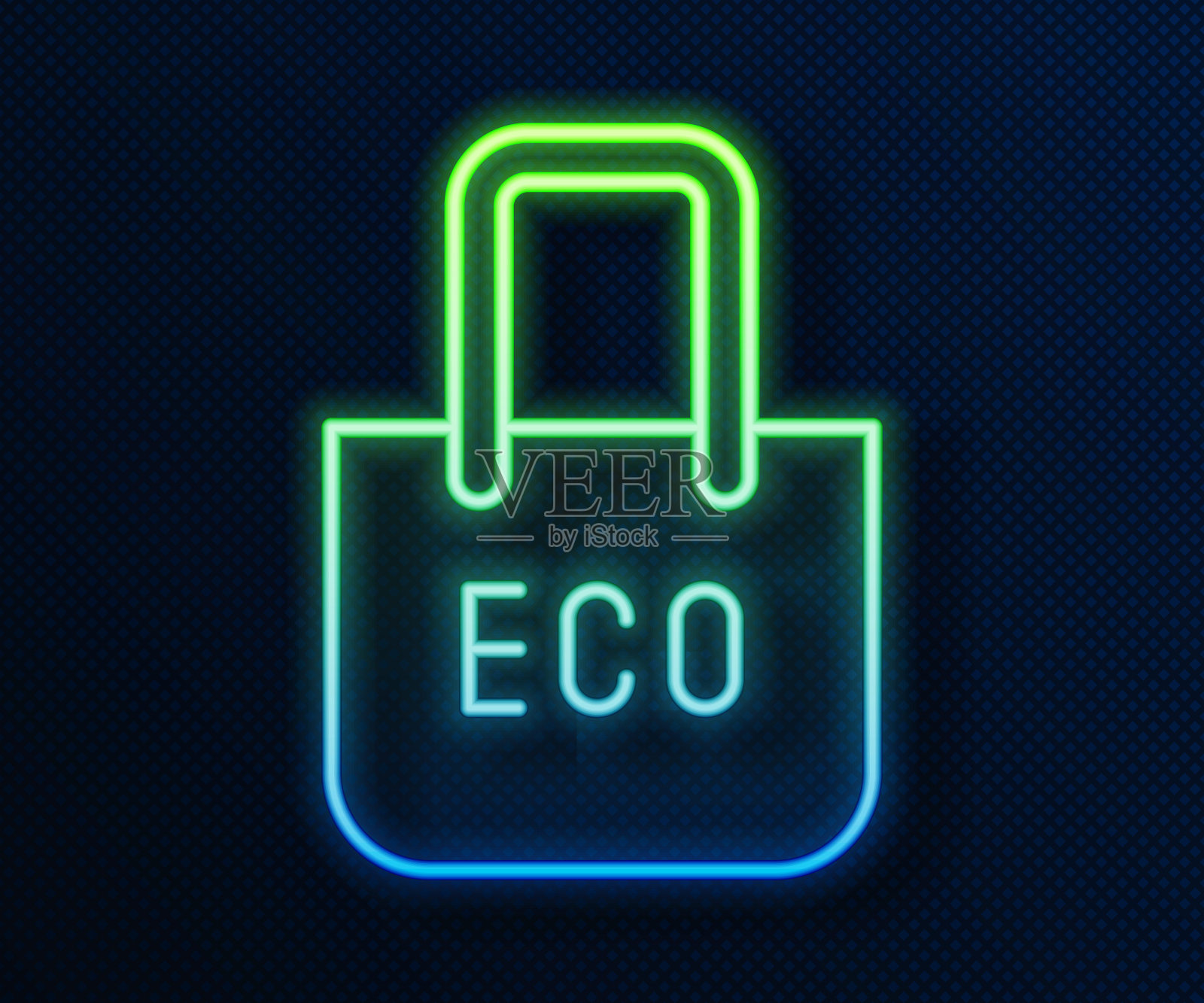 发光霓虹灯线纸购物袋与回收图标孤立在蓝色背景。有回收标志的袋子。向量插画图片素材