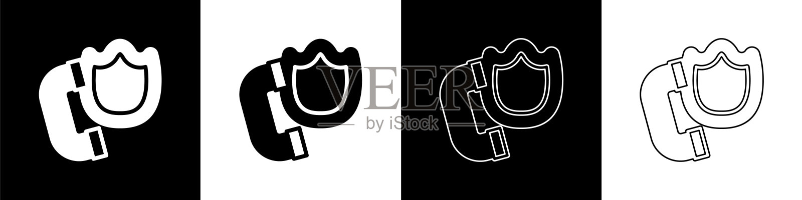 设置电话手持设备与安全盾图标孤立在黑白背景上。电话的信号。向量图标素材