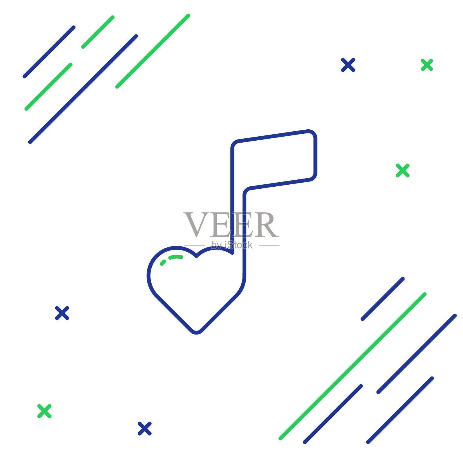 线音乐note，与心脏图标孤立在白色背景的音调。情人节。色彩斑斓的轮廓的概念。向量插画图片素材