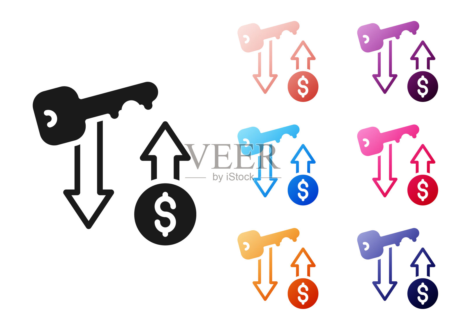 黑色出租键图标孤立在白色背景上。房屋交钥匙的概念。设置图标丰富多彩。向量插画图片素材