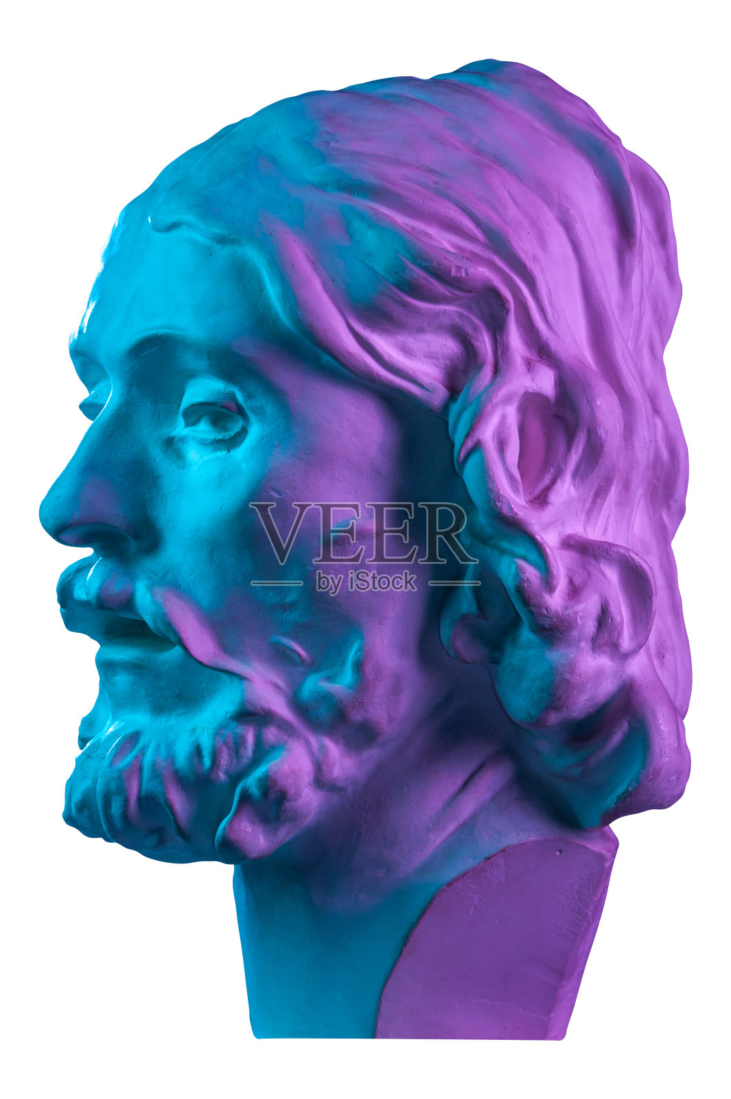 彩色石膏复制的古老的约翰的浸信会头像的艺术家孤立在白色的背景。石膏雕塑人的脸。约翰耶稣受洗。艺术海报在紫色和蓝色明亮的颜色照片摄影图片